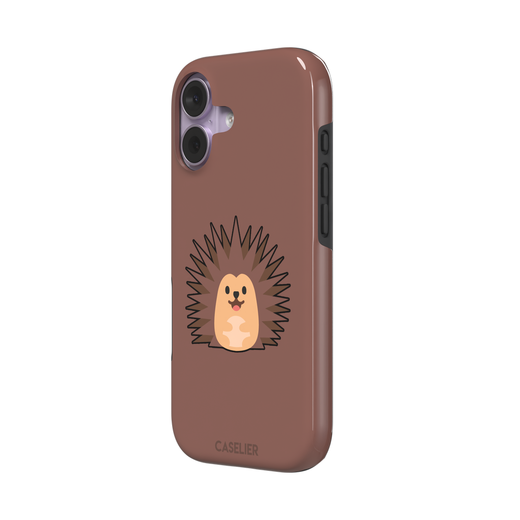 Spikey phone case with a smiling cartoon hedgehog in brown and peach tones on a warm mauve-brown background, by Caselier — tough case, right view