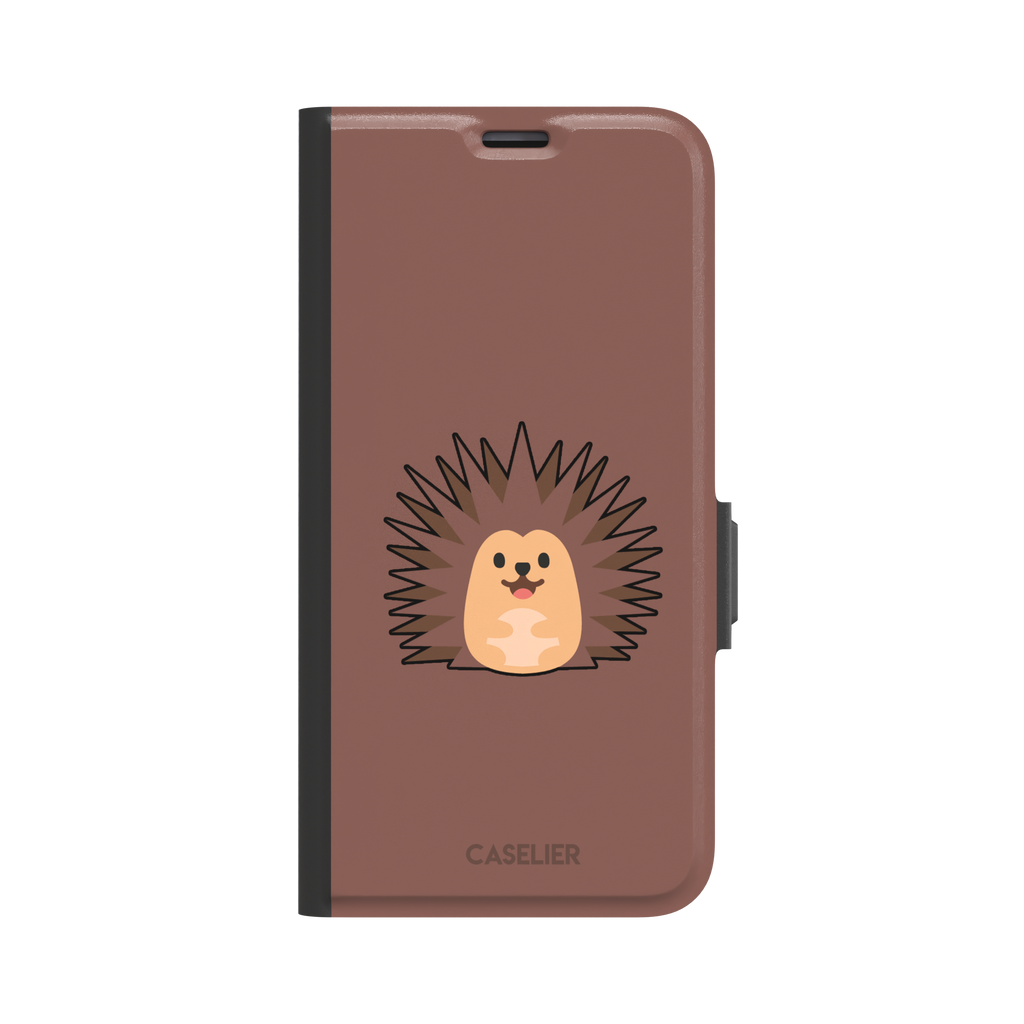 Spikey phone case with a smiling cartoon hedgehog in brown and peach tones on a warm mauve-brown background, by Caselier — wallet case, front view