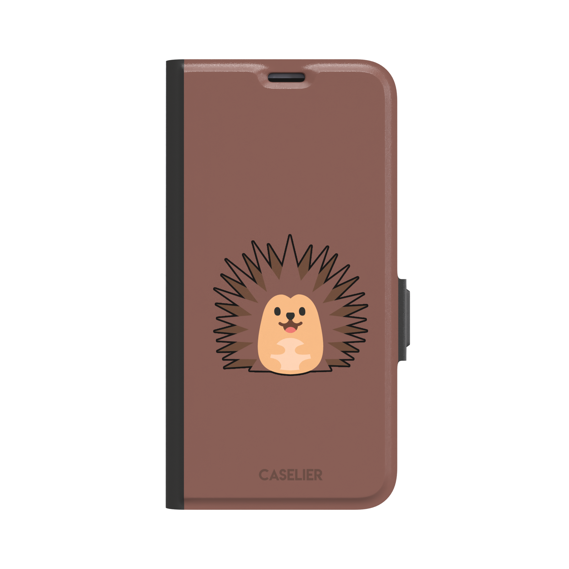 Spikey phone case with a smiling cartoon hedgehog in brown and peach tones on a warm mauve-brown background, by Caselier — wallet case, front view