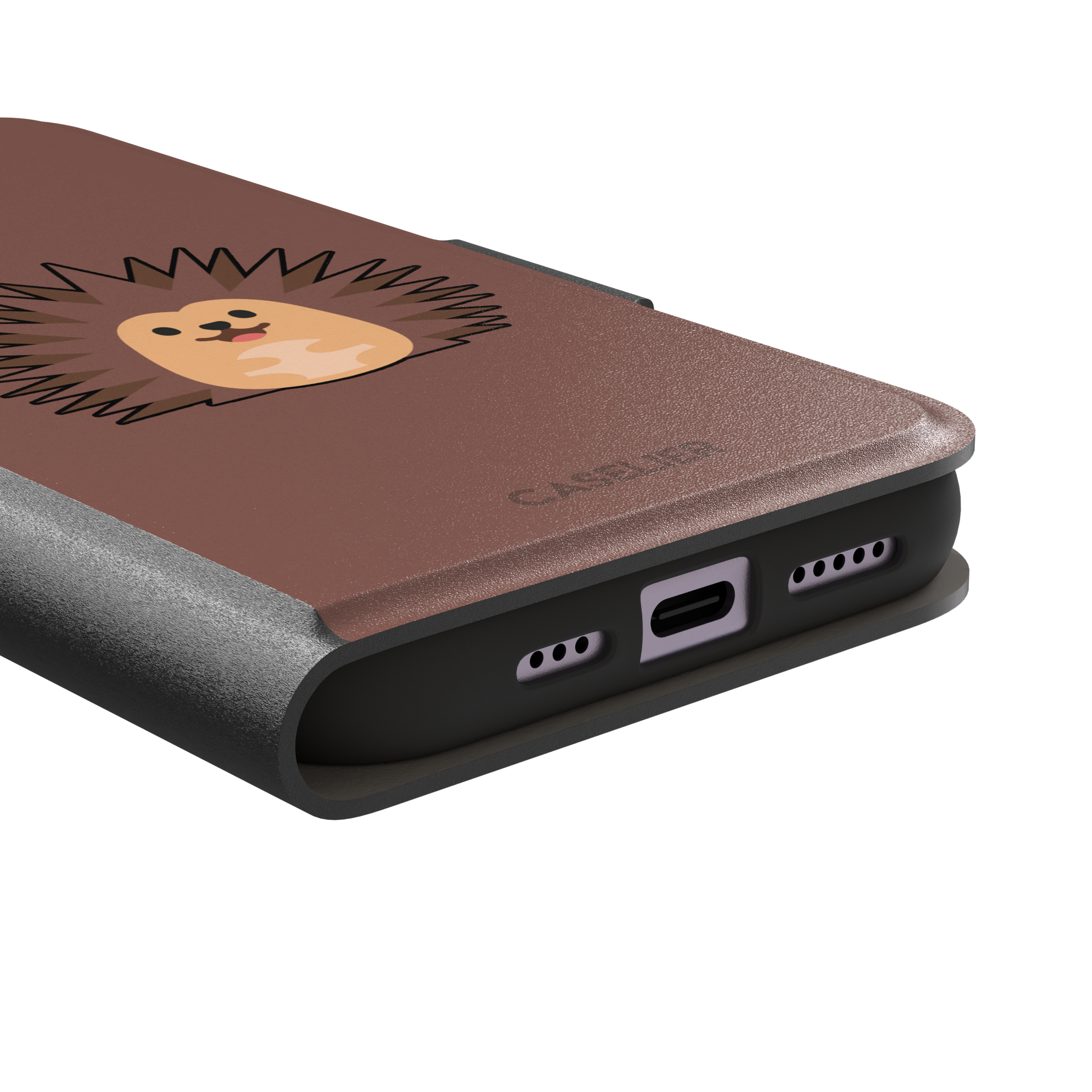 Spikey phone case with a smiling cartoon hedgehog in brown and peach tones on a warm mauve-brown background, by Caselier — wallet case, charging port detail