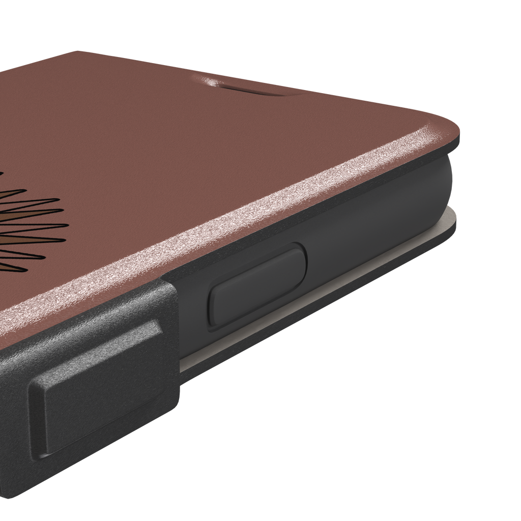 Spikey phone case with a smiling cartoon hedgehog in brown and peach tones on a warm mauve-brown background, by Caselier — wallet case, volume buttons detail