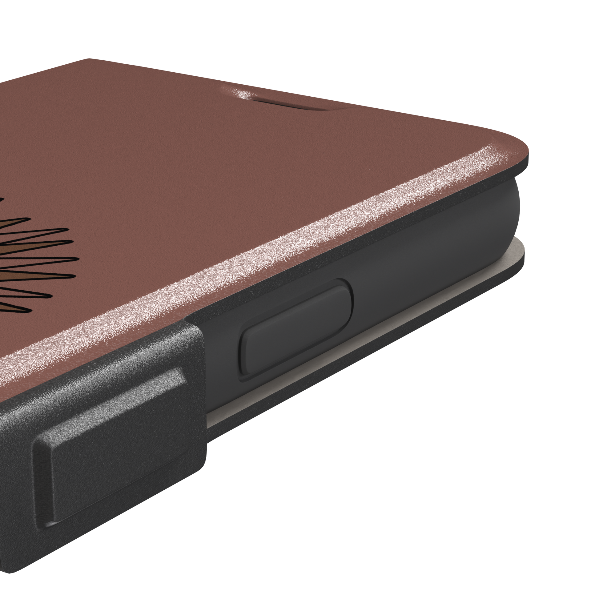 Spikey phone case with a smiling cartoon hedgehog in brown and peach tones on a warm mauve-brown background, by Caselier — wallet case, volume buttons detail