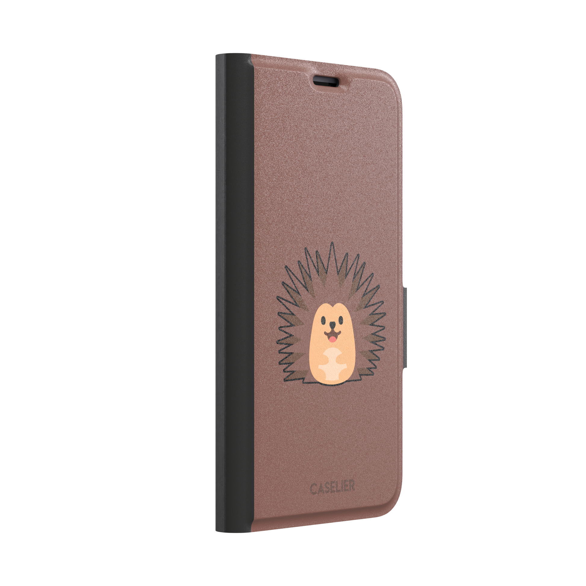 Spikey phone case with a smiling cartoon hedgehog in brown and peach tones on a warm mauve-brown background, by Caselier — wallet case, left view