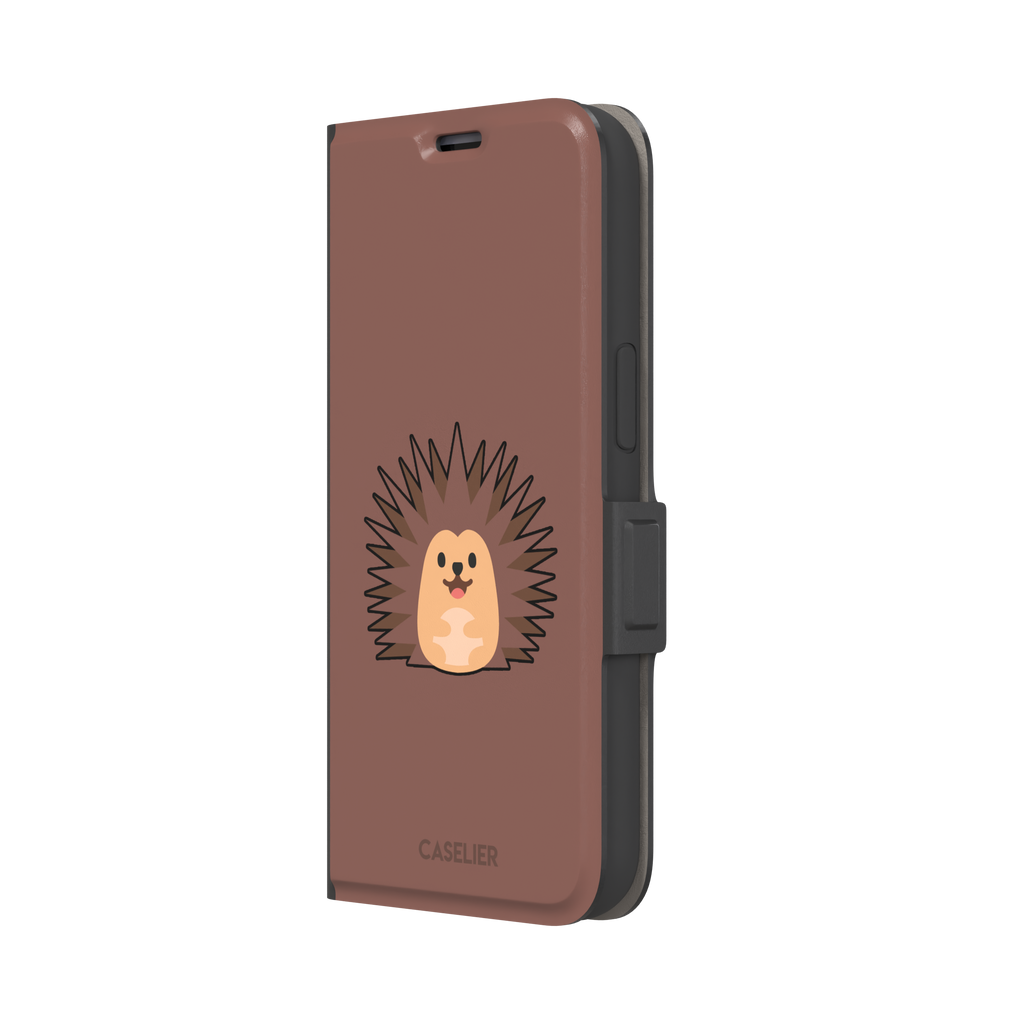 Spikey phone case with a smiling cartoon hedgehog in brown and peach tones on a warm mauve-brown background, by Caselier — wallet case, right view