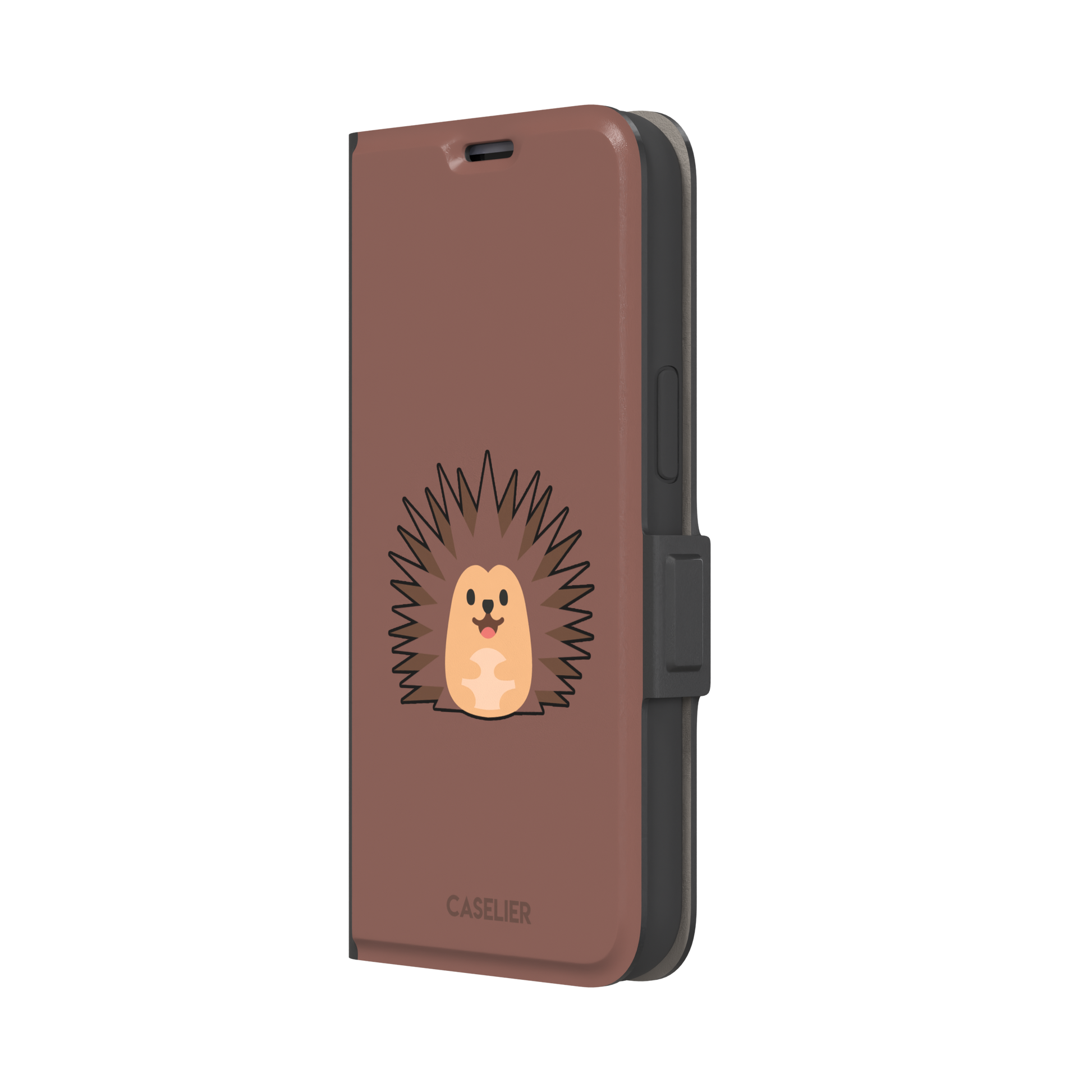 Spikey phone case with a smiling cartoon hedgehog in brown and peach tones on a warm mauve-brown background, by Caselier — wallet case, right view