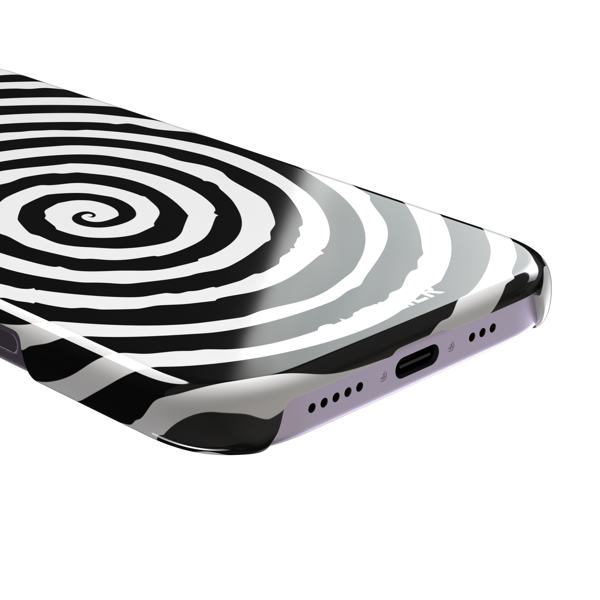 Black and white hypnotic concentric spiral phone case, phone case by Caselier — snap case, charging port detail
