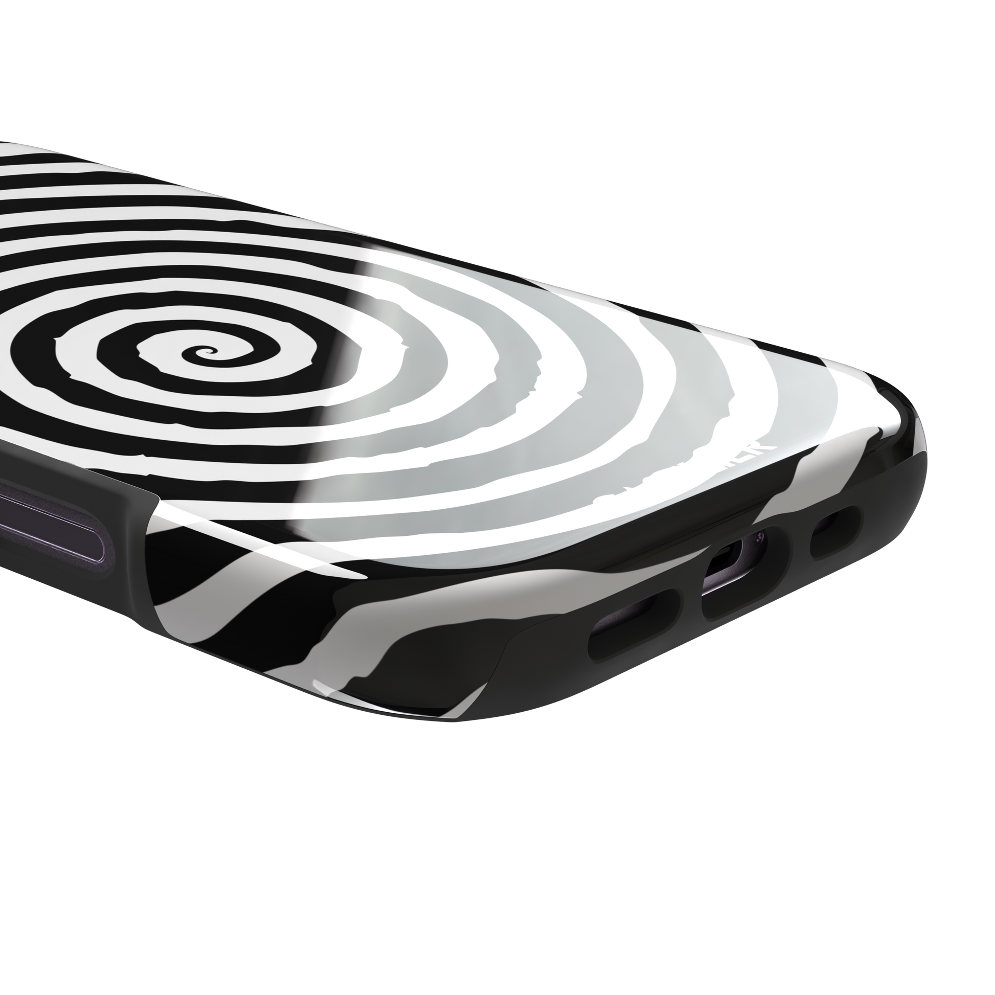 Black and white hypnotic concentric spiral phone case, phone case by Caselier — tough case, charging port detail
