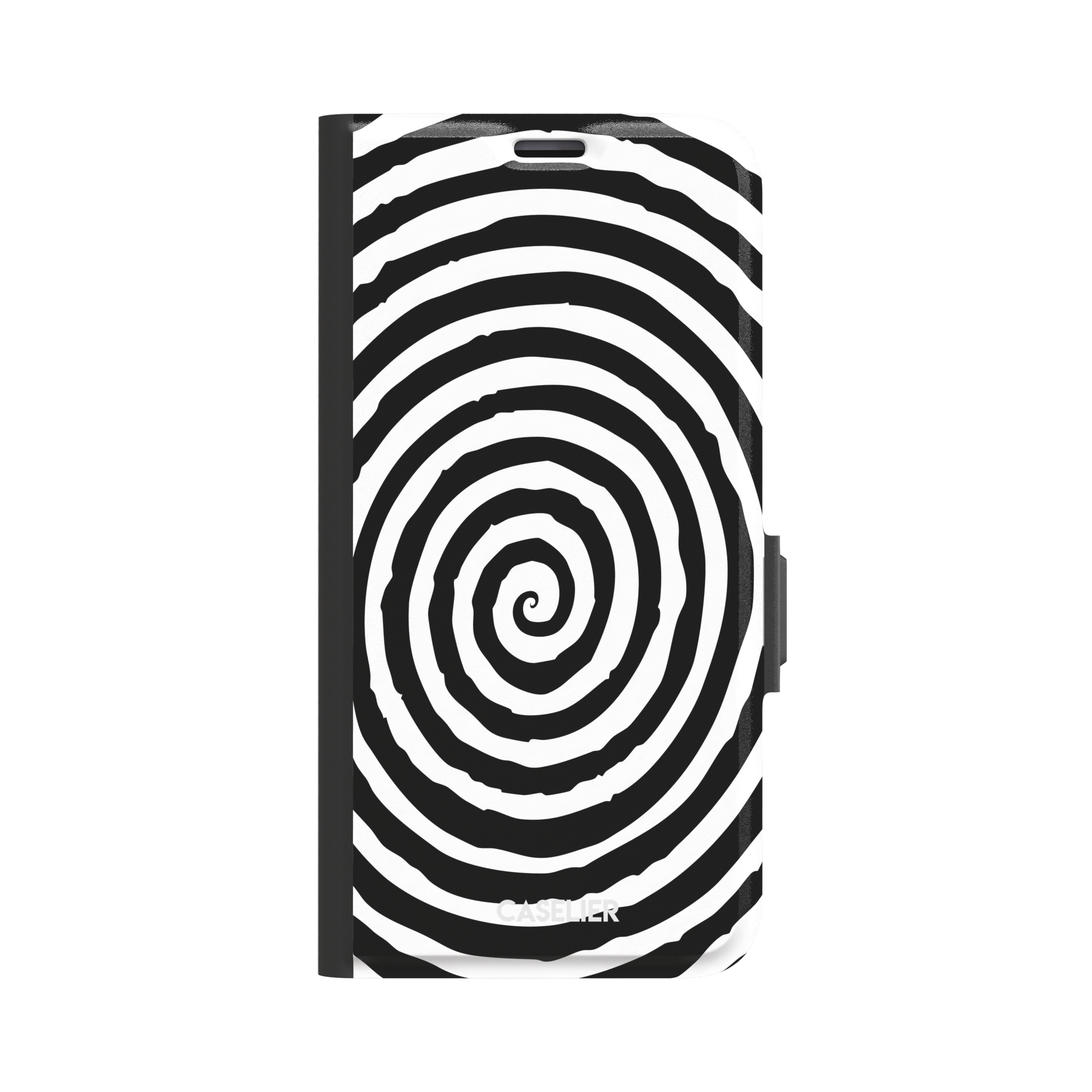 Black and white hypnotic concentric spiral phone case, phone case by Caselier — wallet case, front view