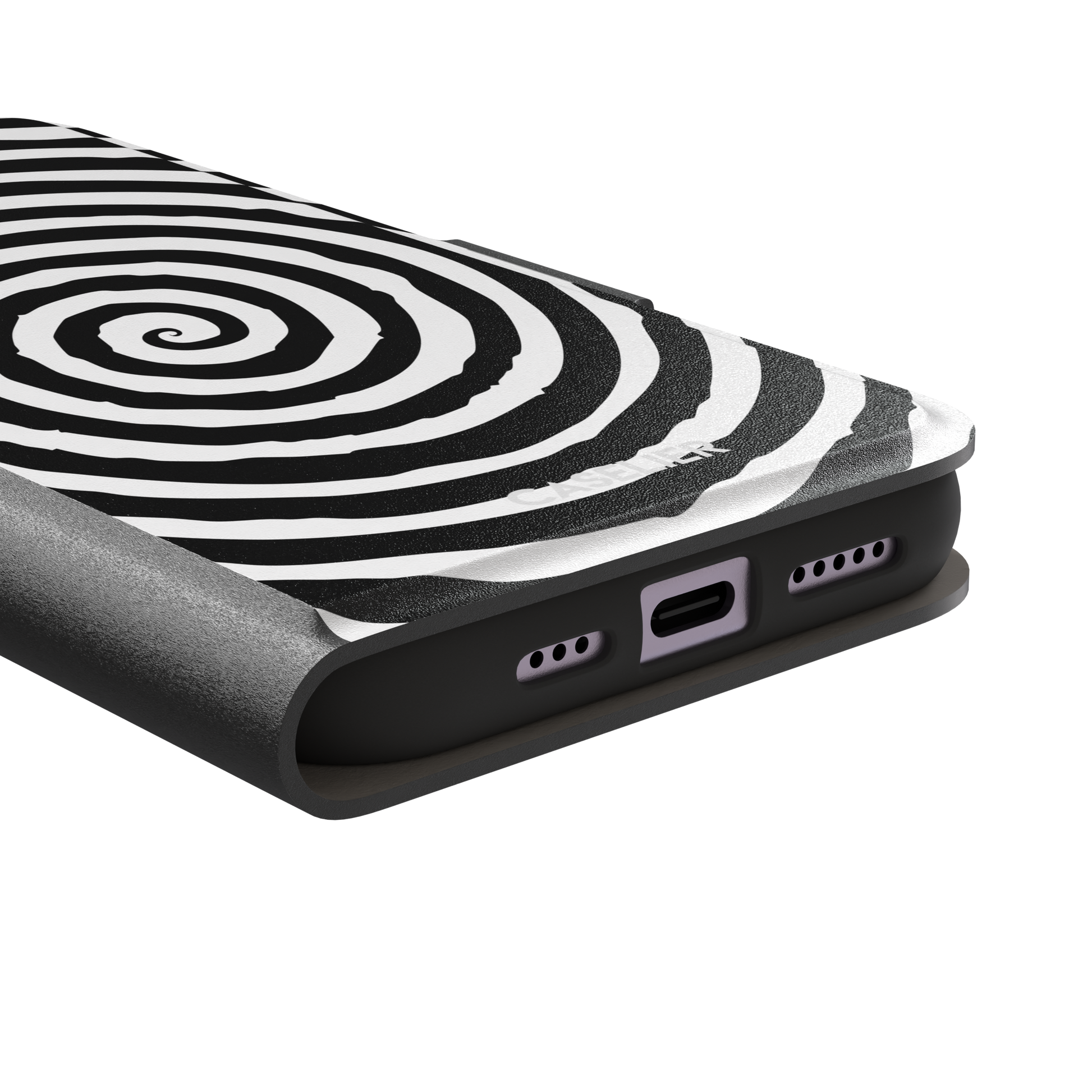 Black and white hypnotic concentric spiral phone case, phone case by Caselier — wallet case, charging port detail