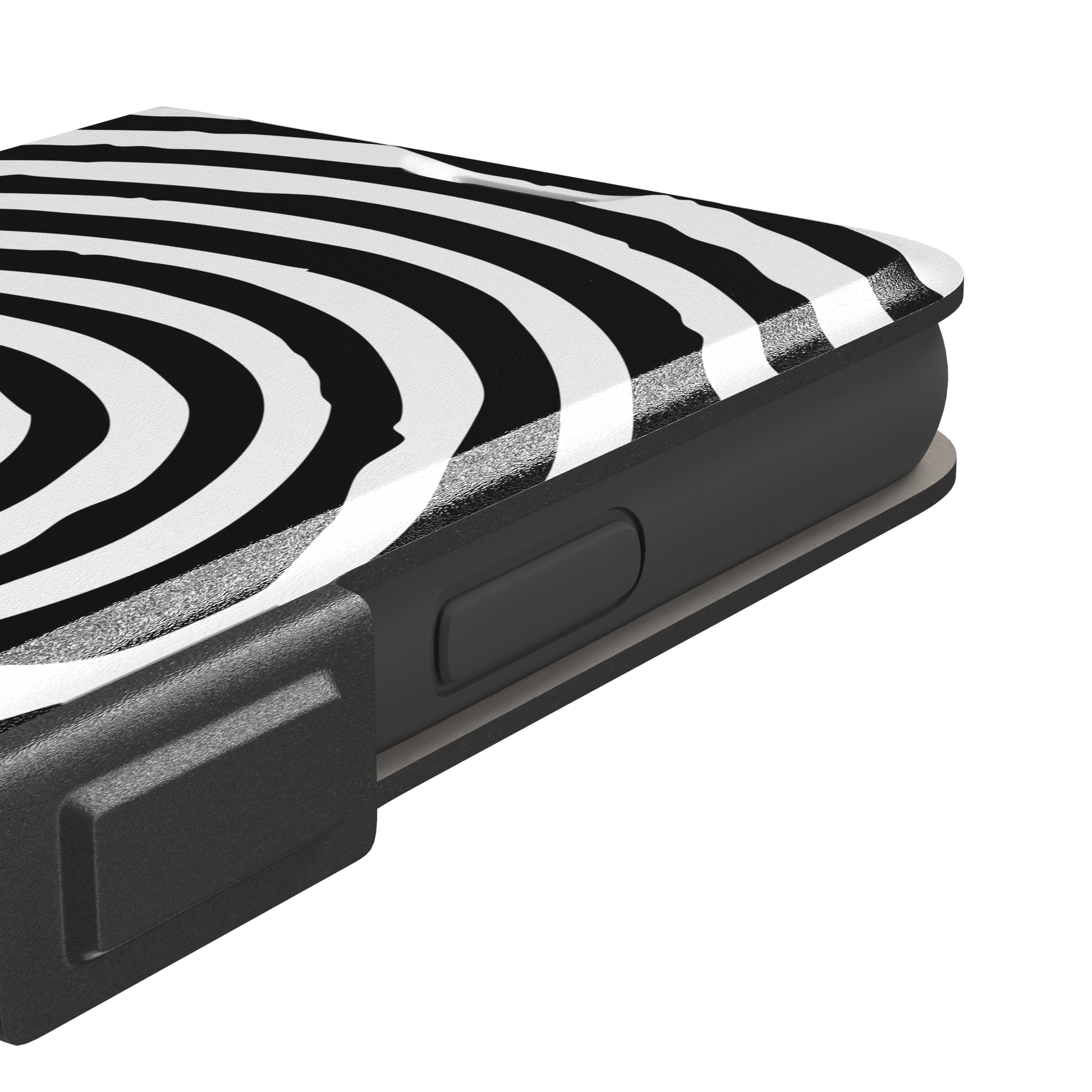 Black and white hypnotic concentric spiral phone case, phone case by Caselier — wallet case, volume buttons detail