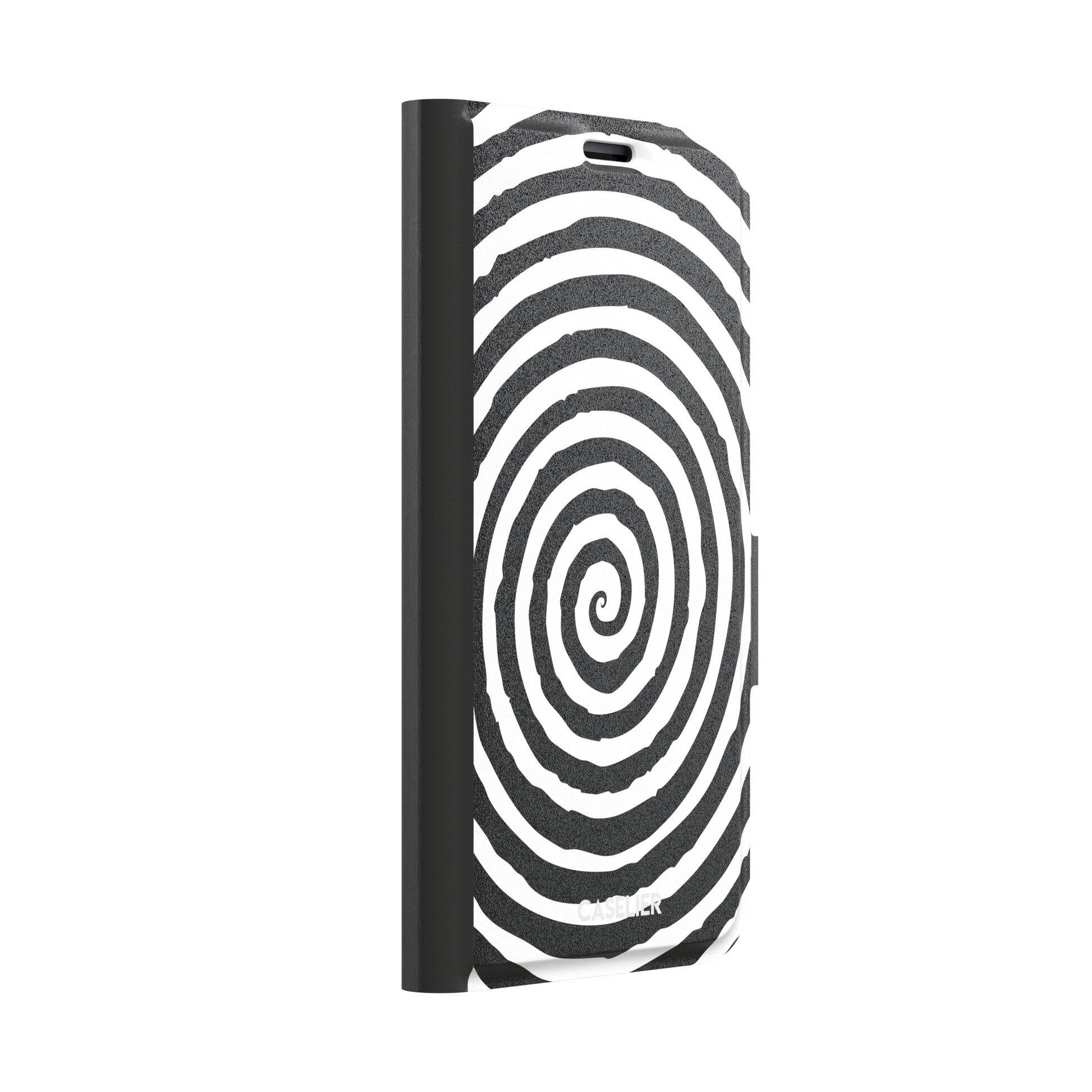 Black and white hypnotic concentric spiral phone case, phone case by Caselier — wallet case, left view