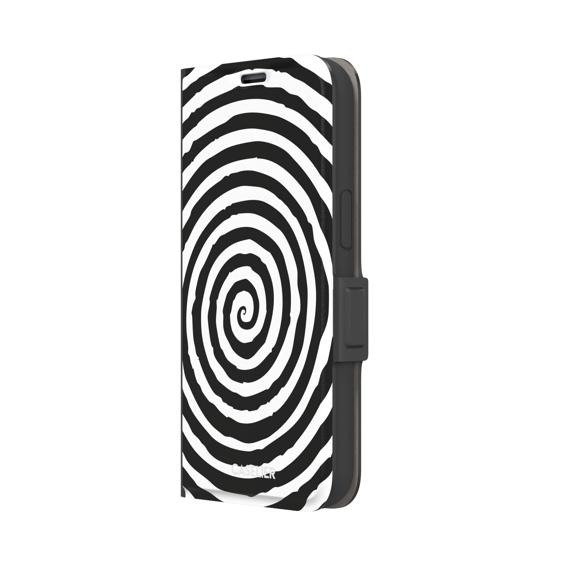Black and white hypnotic concentric spiral phone case, phone case by Caselier — wallet case, right view