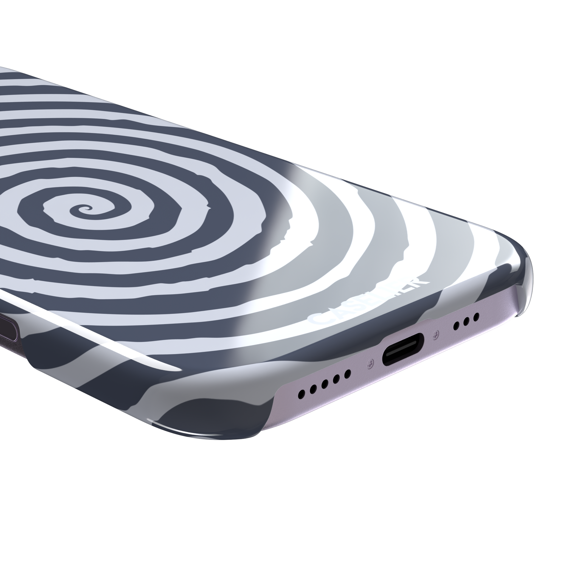 Slate blue and pale lavender concentric spiral phone case color variant, phone case by Caselier — snap case, charging port detail
