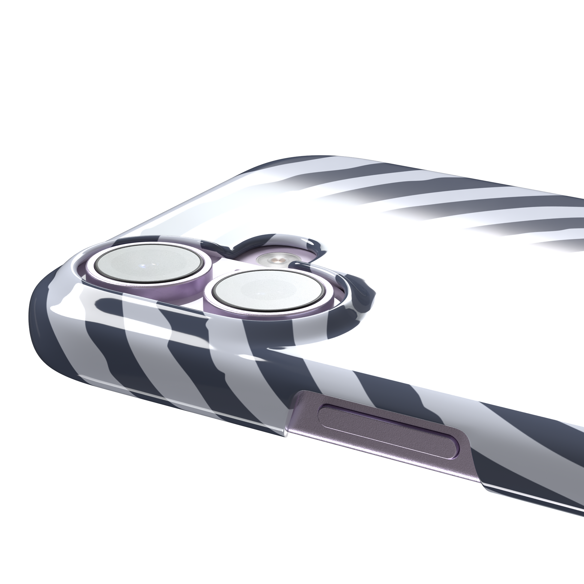 Slate blue and pale lavender concentric spiral phone case color variant, phone case by Caselier — snap case, volume buttons detail