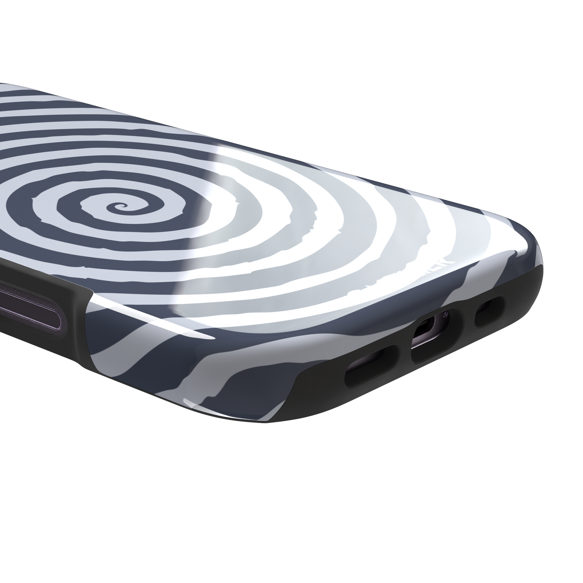 Slate blue and pale lavender concentric spiral phone case color variant, phone case by Caselier — tough case, charging port detail