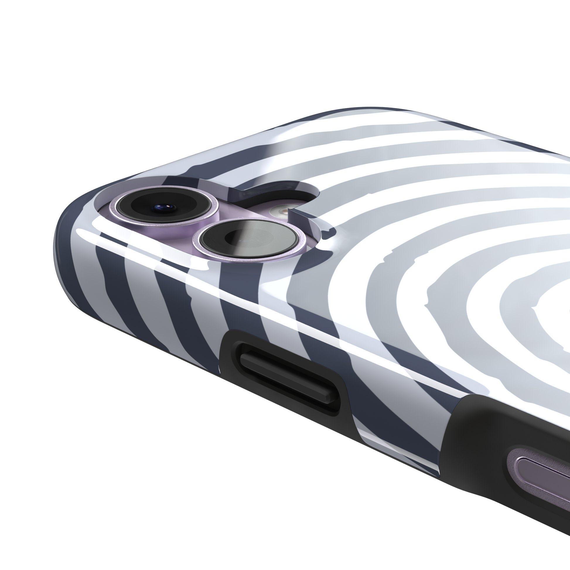 Slate blue and pale lavender concentric spiral phone case color variant, phone case by Caselier — tough case, volume buttons detail