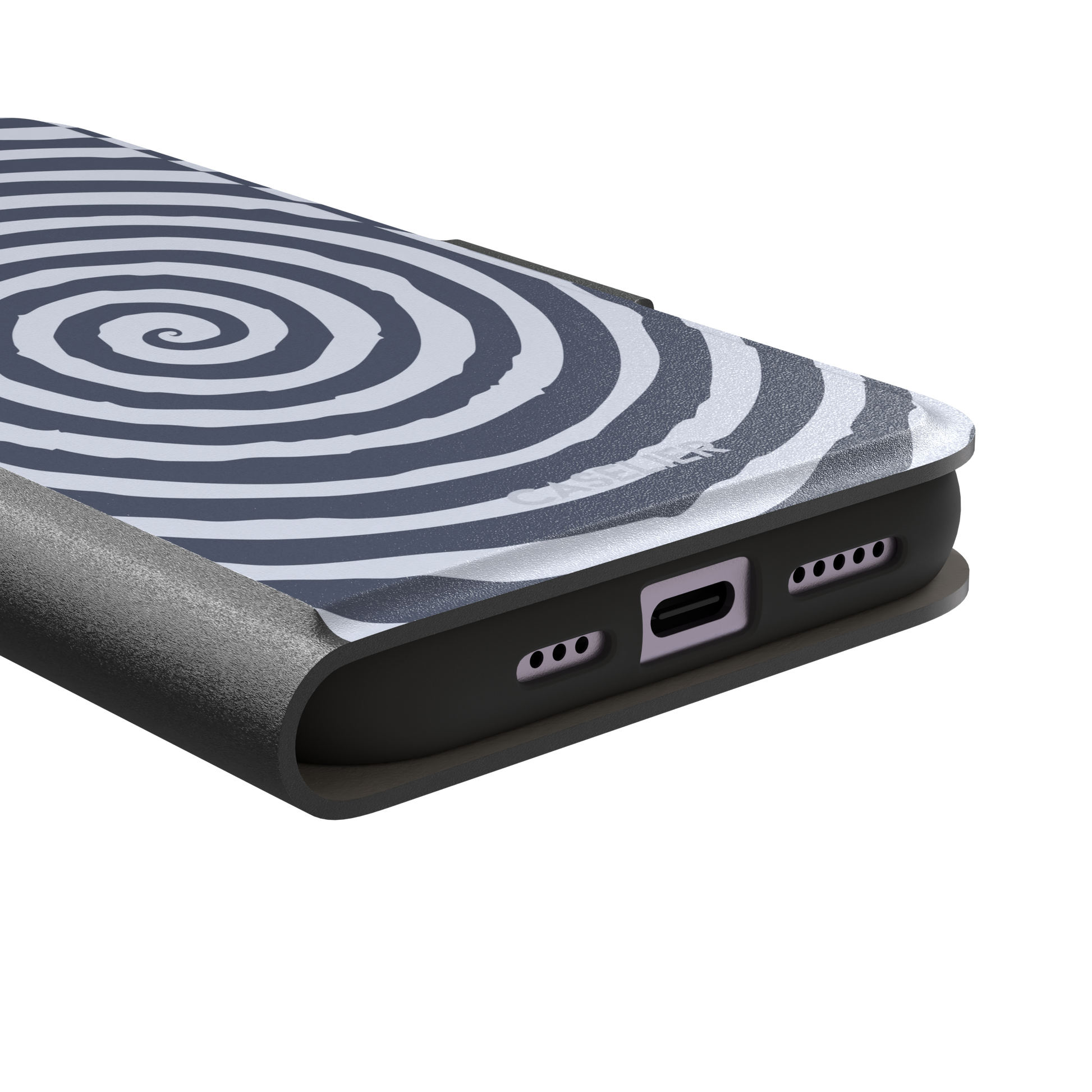 Slate blue and pale lavender concentric spiral phone case color variant, phone case by Caselier — wallet case, charging port detail