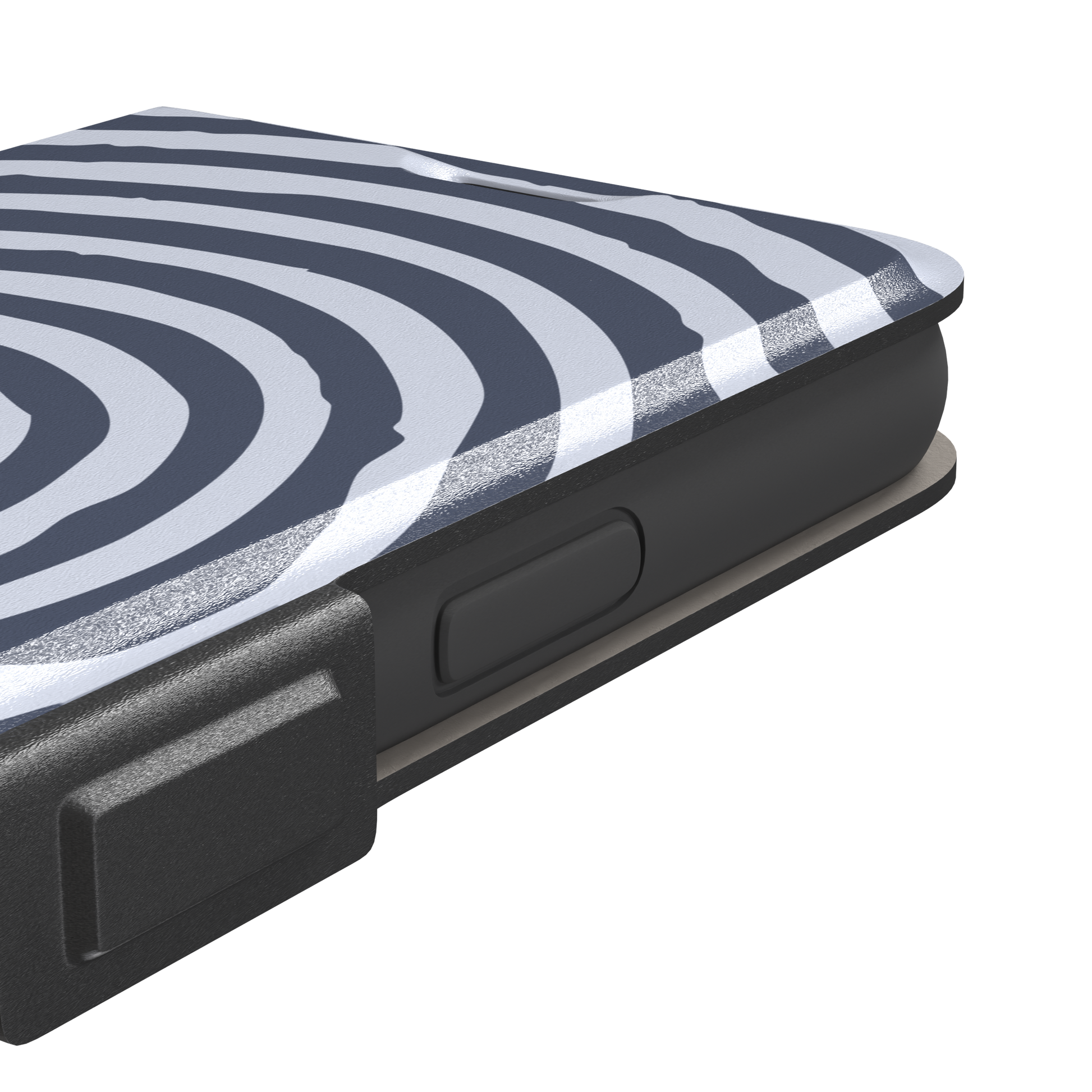 Slate blue and pale lavender concentric spiral phone case color variant, phone case by Caselier — wallet case, volume buttons detail