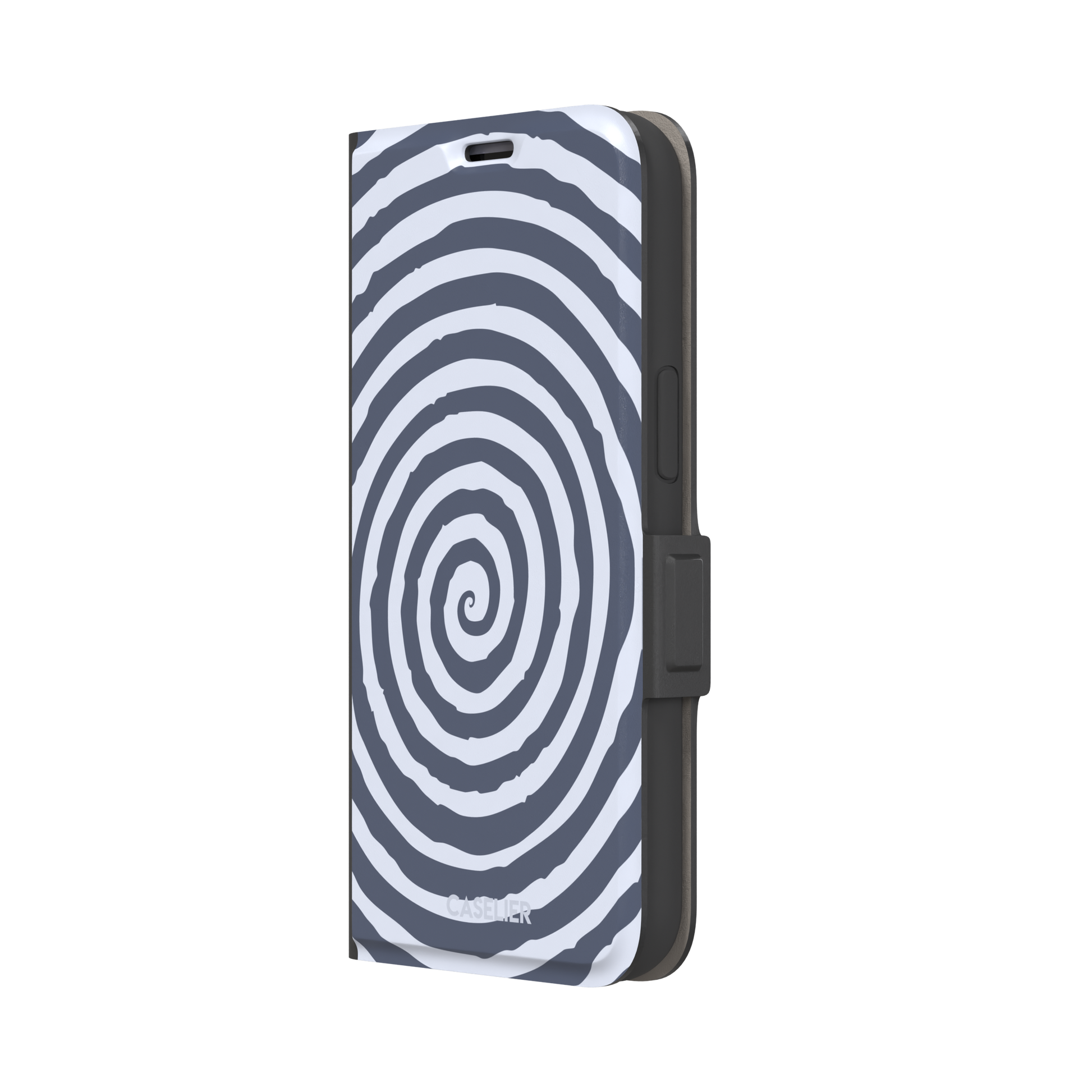 Slate blue and pale lavender concentric spiral phone case color variant, phone case by Caselier — wallet case, right view
