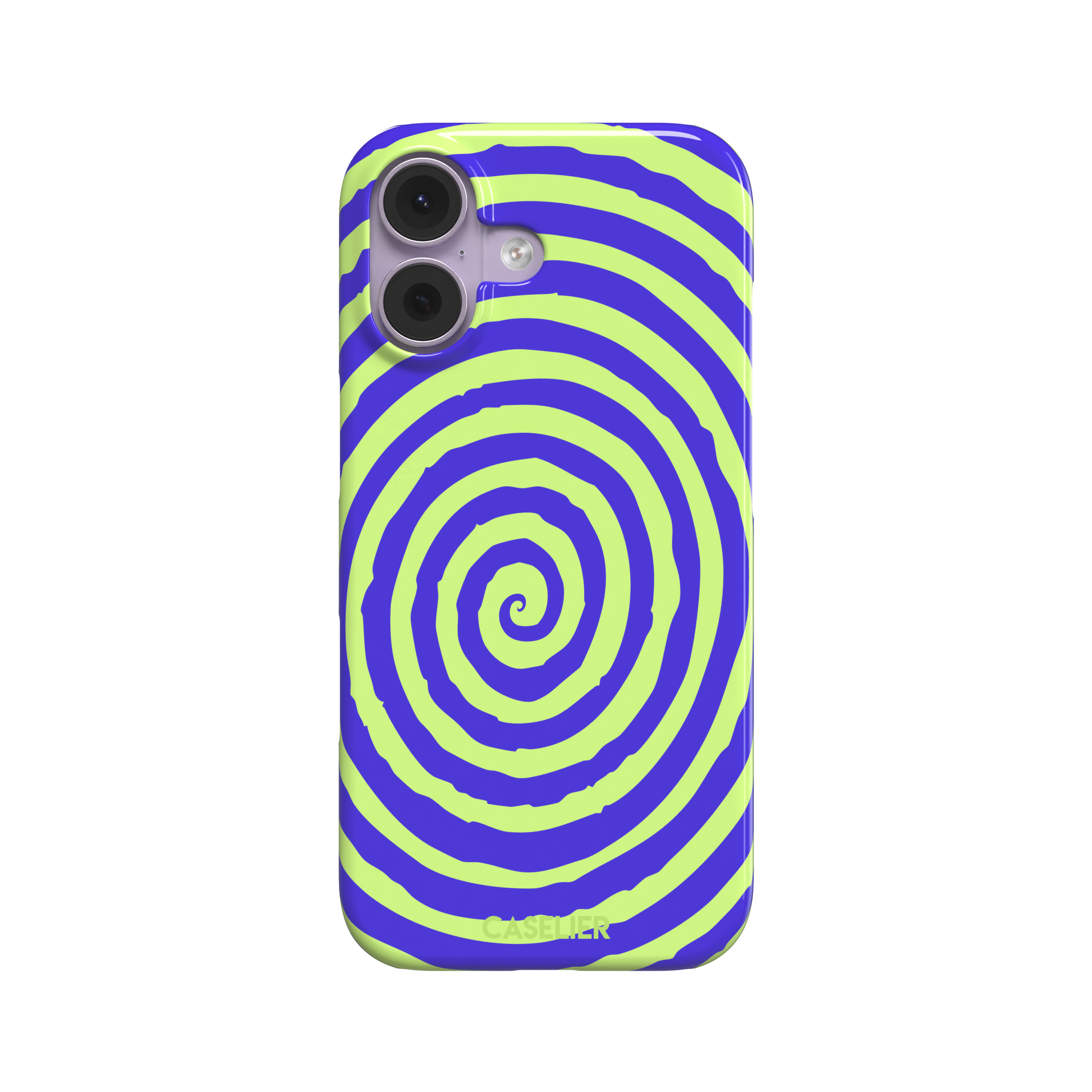 Bright purple and neon lime green concentric spiral phone case color, phone case by Caselier — snap case, front view