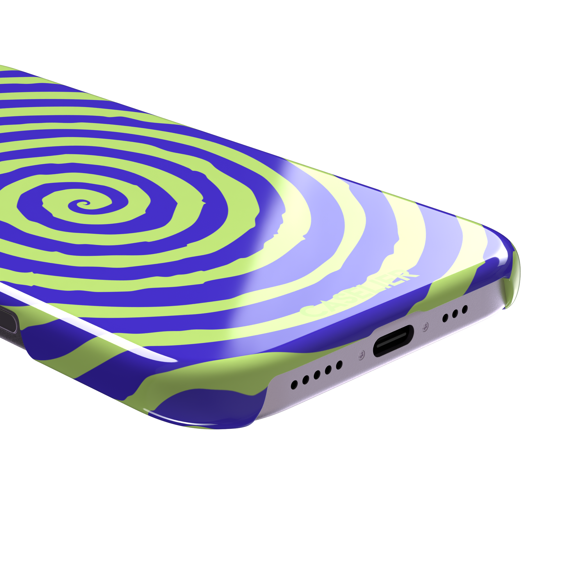 Bright purple and neon lime green concentric spiral phone case color, phone case by Caselier — snap case, charging port detail
