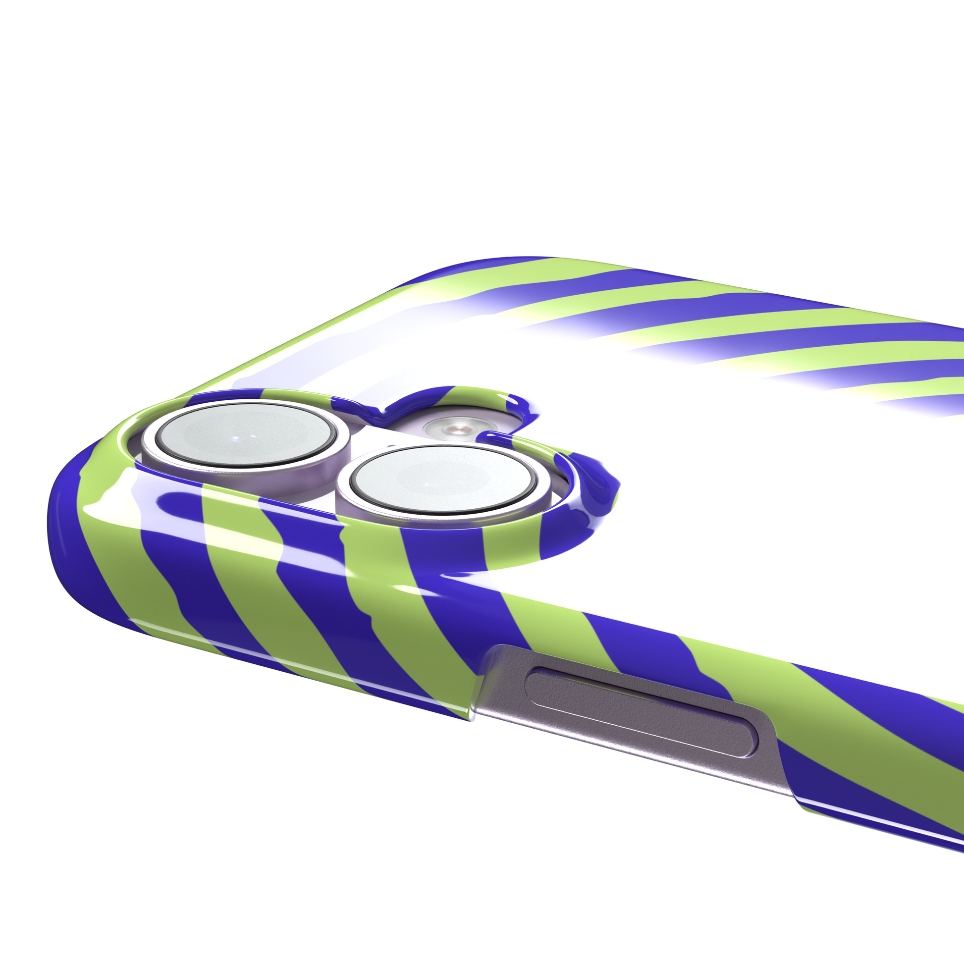 Bright purple and neon lime green concentric spiral phone case color, phone case by Caselier — snap case, volume buttons detail