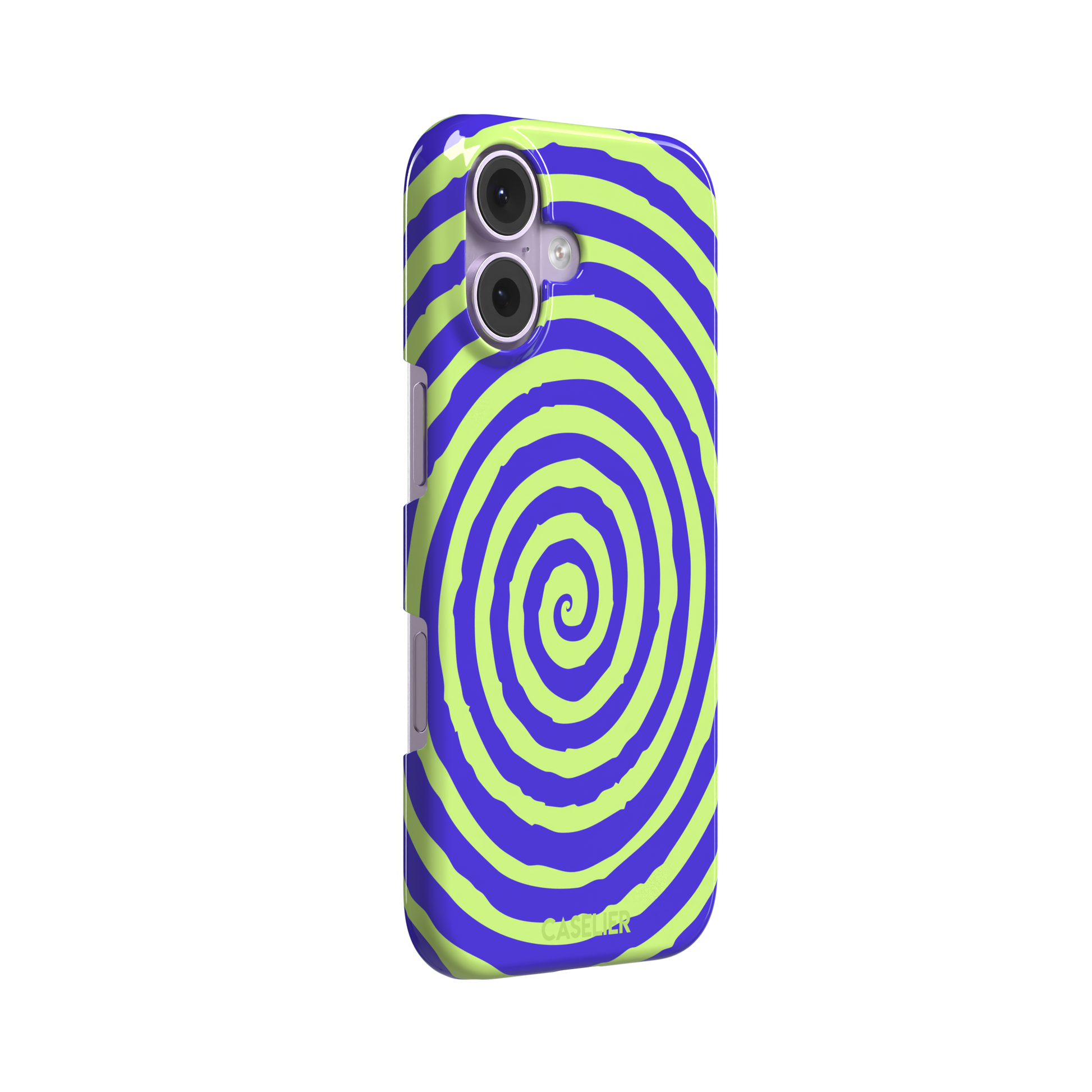 Bright purple and neon lime green concentric spiral phone case color, phone case by Caselier — snap case, left view