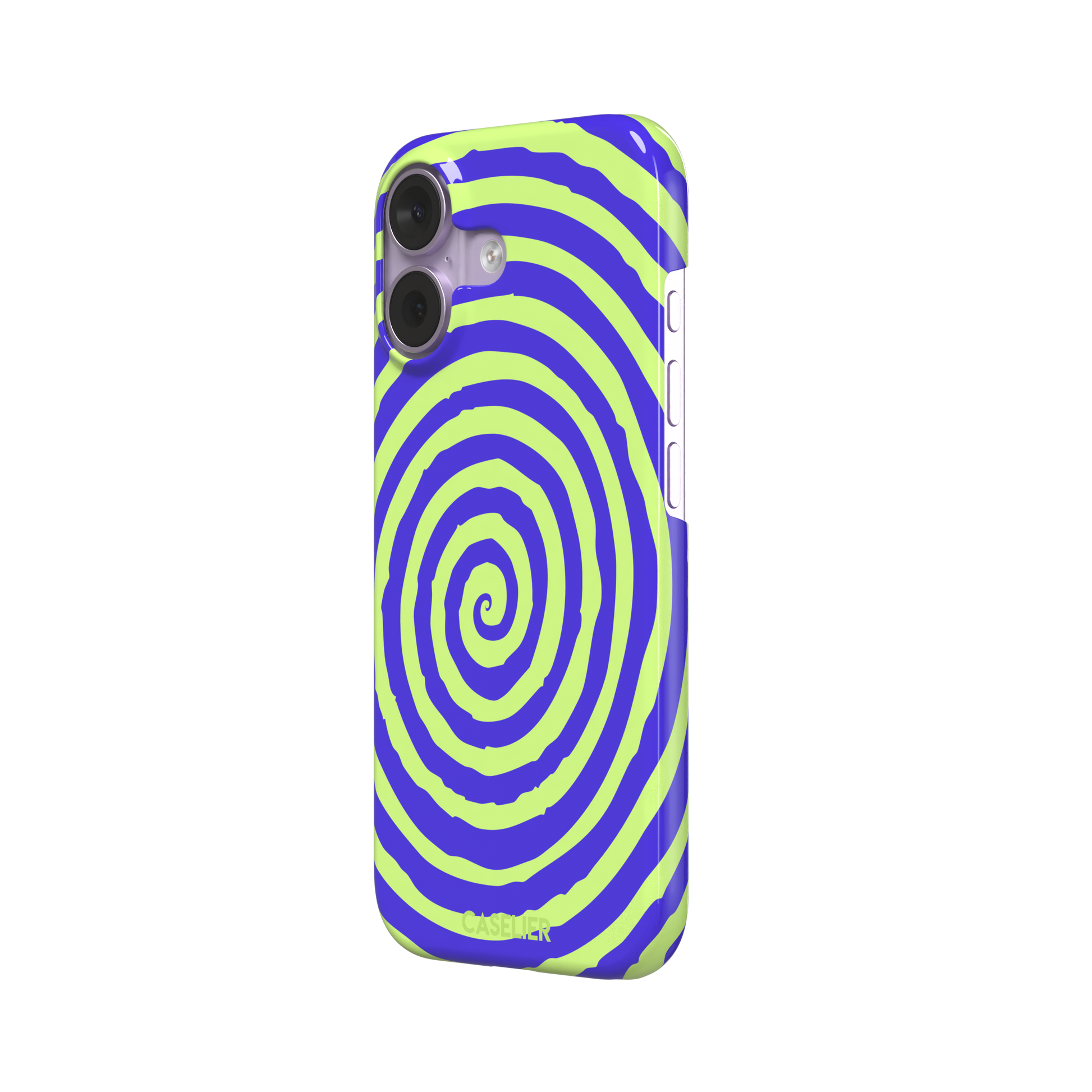 Bright purple and neon lime green concentric spiral phone case color, phone case by Caselier — snap case, right view