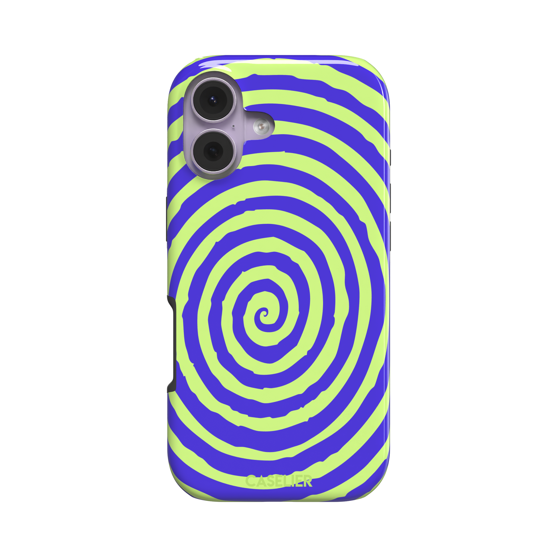 Bright purple and neon lime green concentric spiral phone case color, phone case by Caselier — tough case, front view