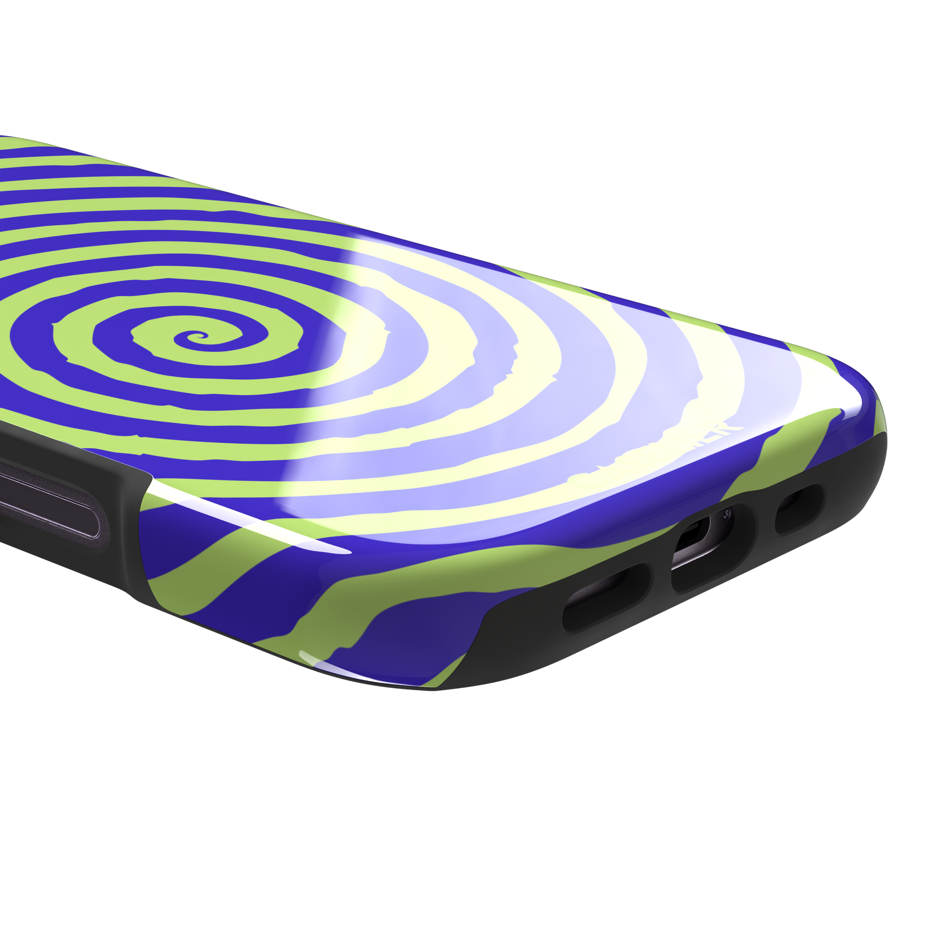 Bright purple and neon lime green concentric spiral phone case color, phone case by Caselier — tough case, charging port detail