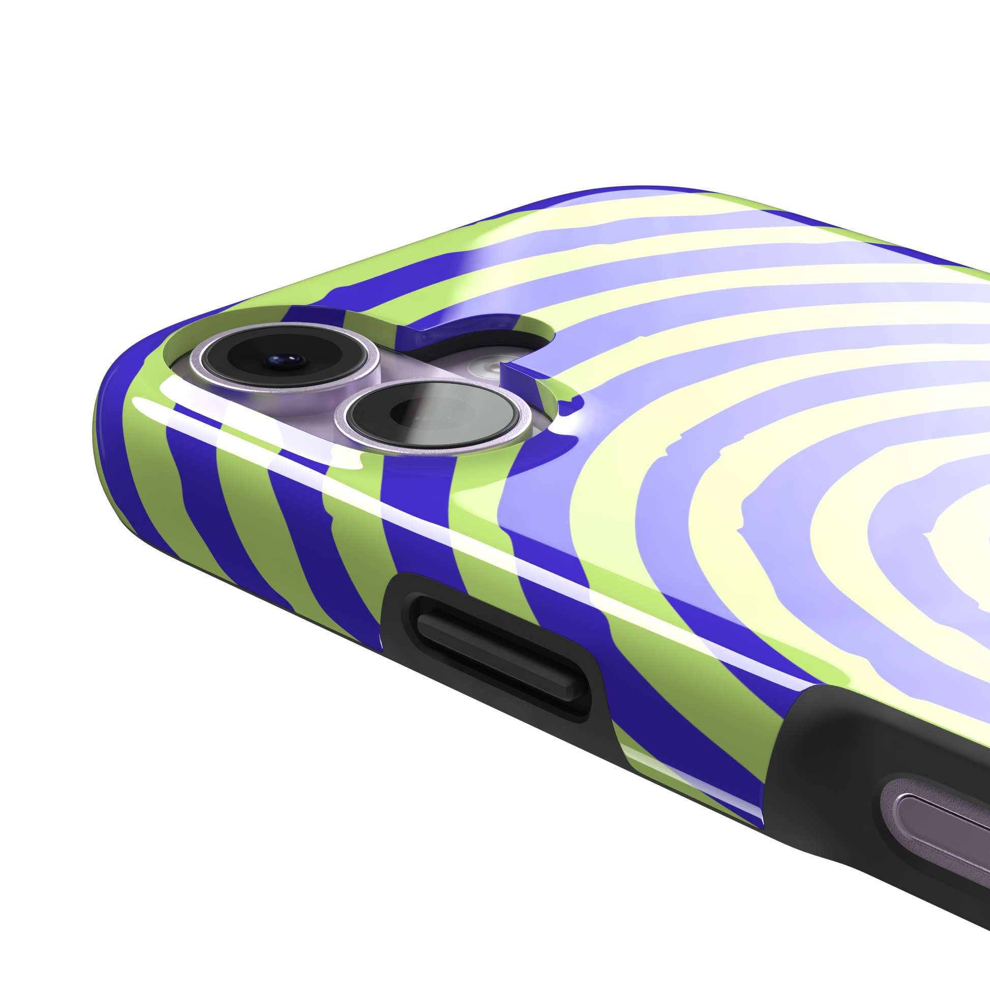 Bright purple and neon lime green concentric spiral phone case color, phone case by Caselier — tough case, volume buttons detail