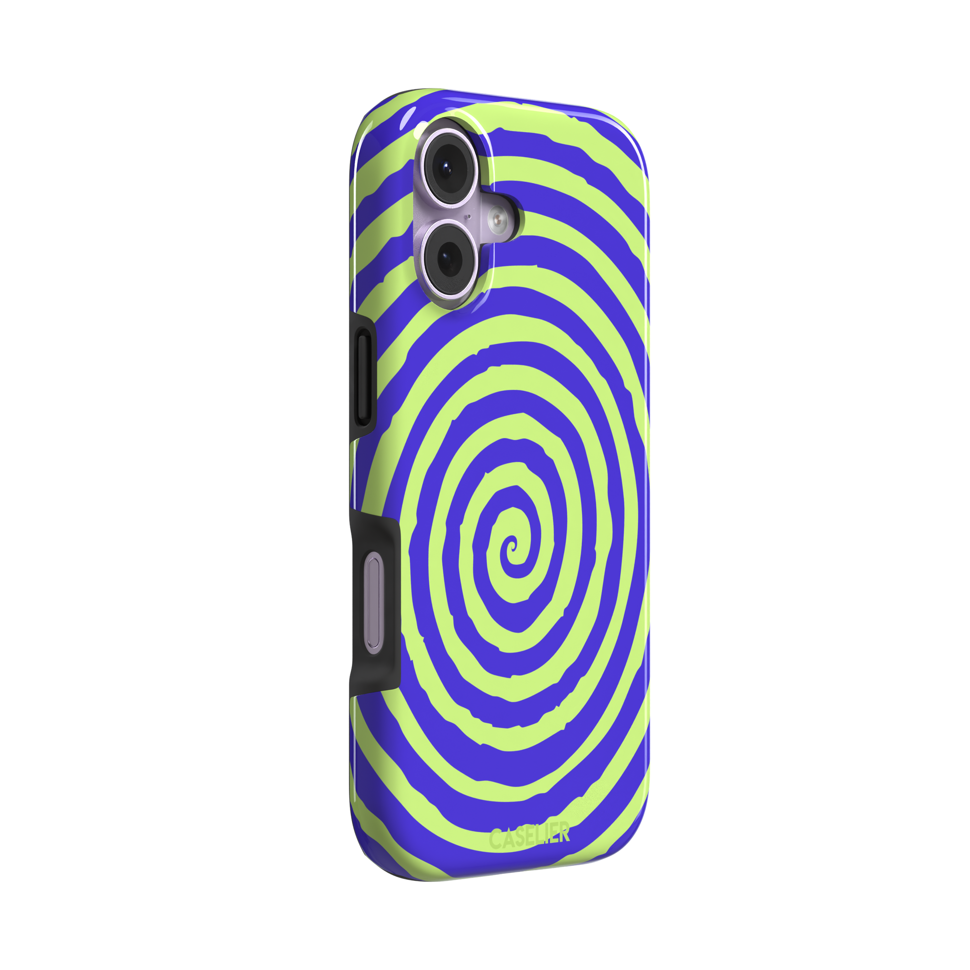 Bright purple and neon lime green concentric spiral phone case color, phone case by Caselier — tough case, left view