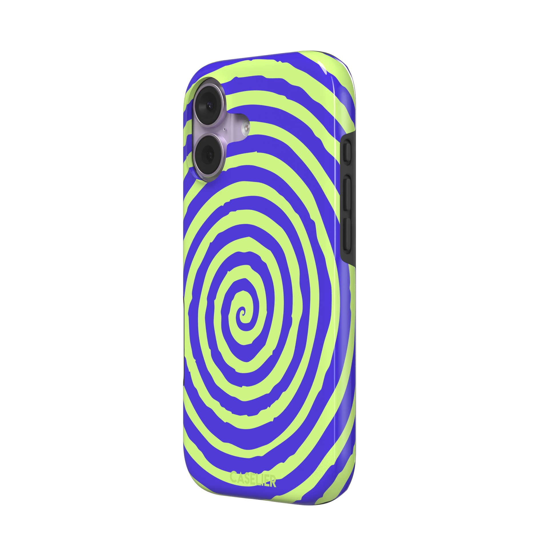 Bright purple and neon lime green concentric spiral phone case color, phone case by Caselier — tough case, right view