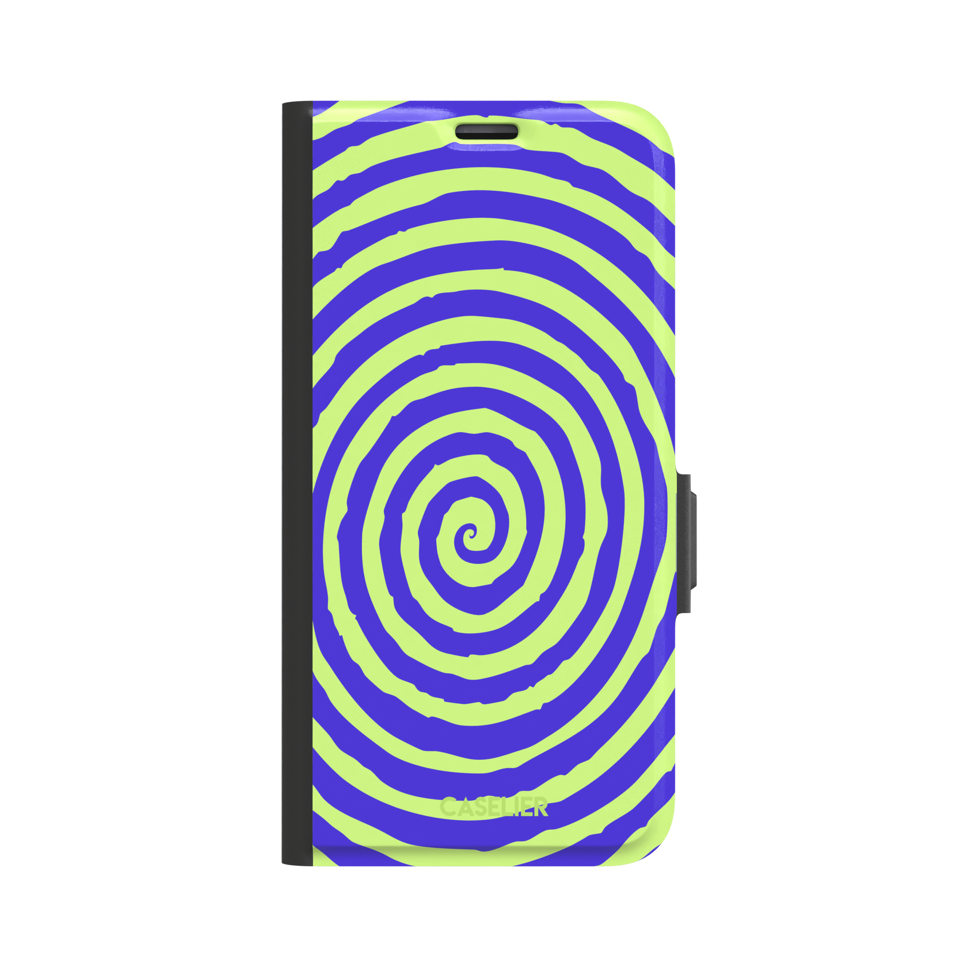 Bright purple and neon lime green concentric spiral phone case color, phone case by Caselier — wallet case, front view
