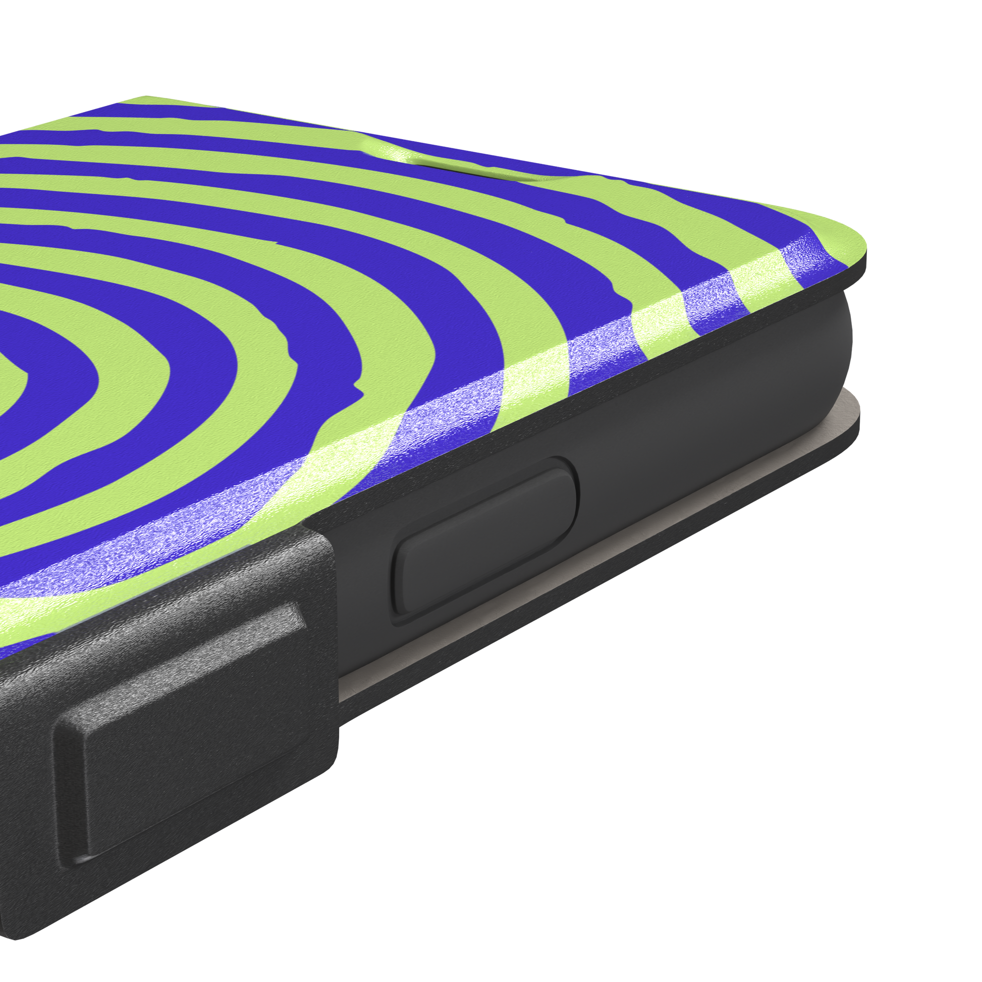Bright purple and neon lime green concentric spiral phone case color, phone case by Caselier — wallet case, volume buttons detail