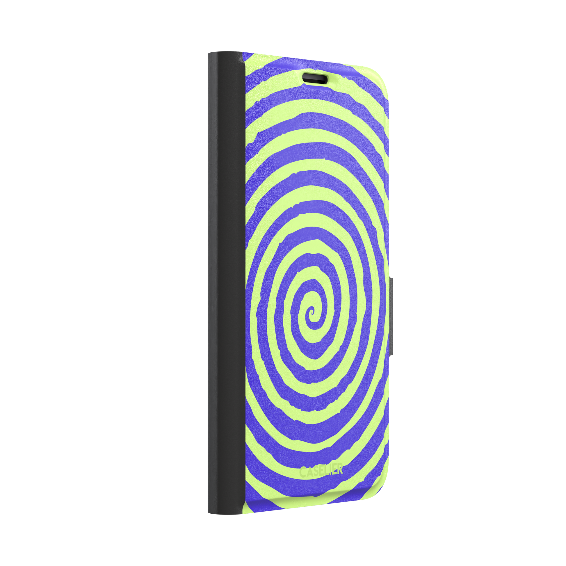 Bright purple and neon lime green concentric spiral phone case color, phone case by Caselier — wallet case, left view