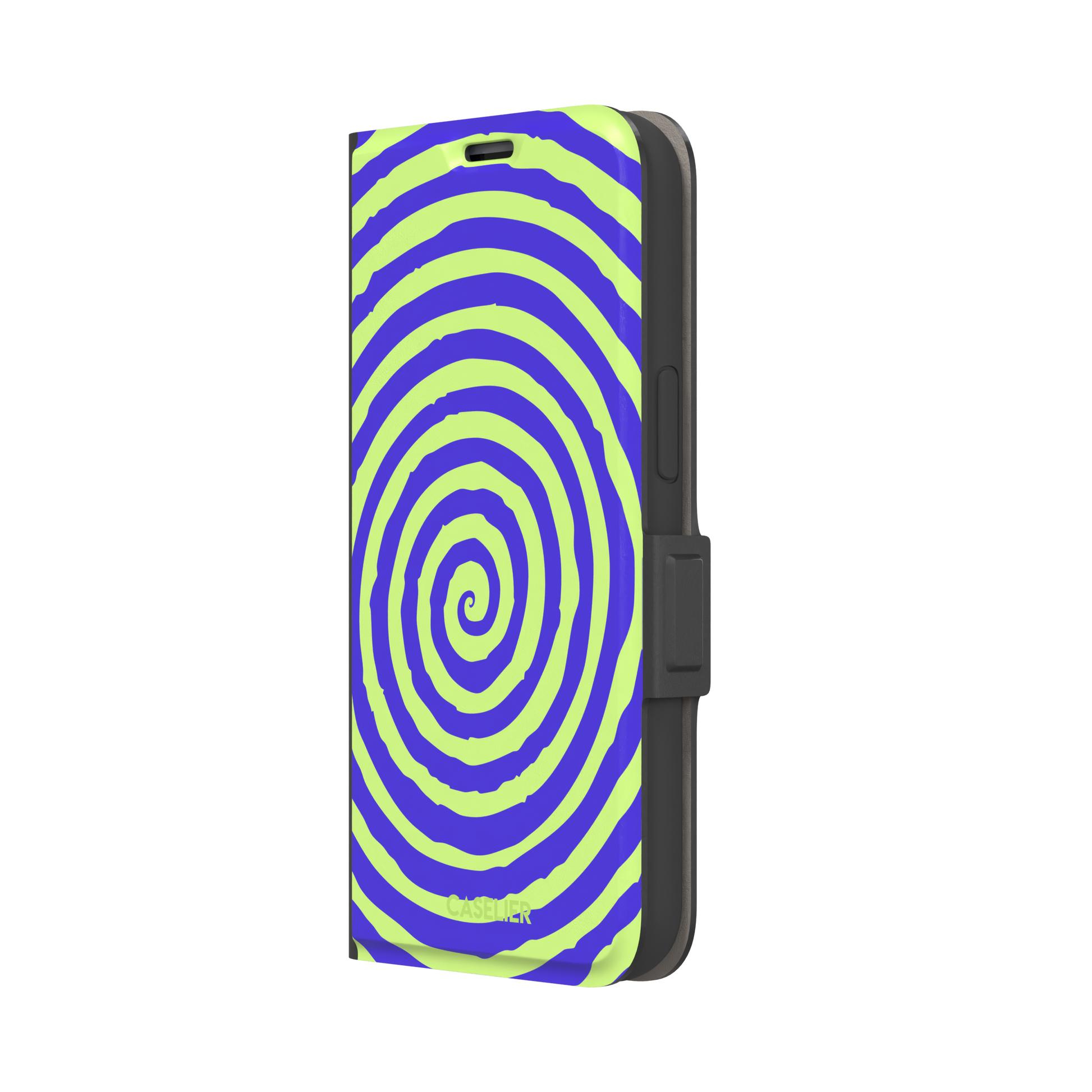 Bright purple and neon lime green concentric spiral phone case color, phone case by Caselier — wallet case, right view