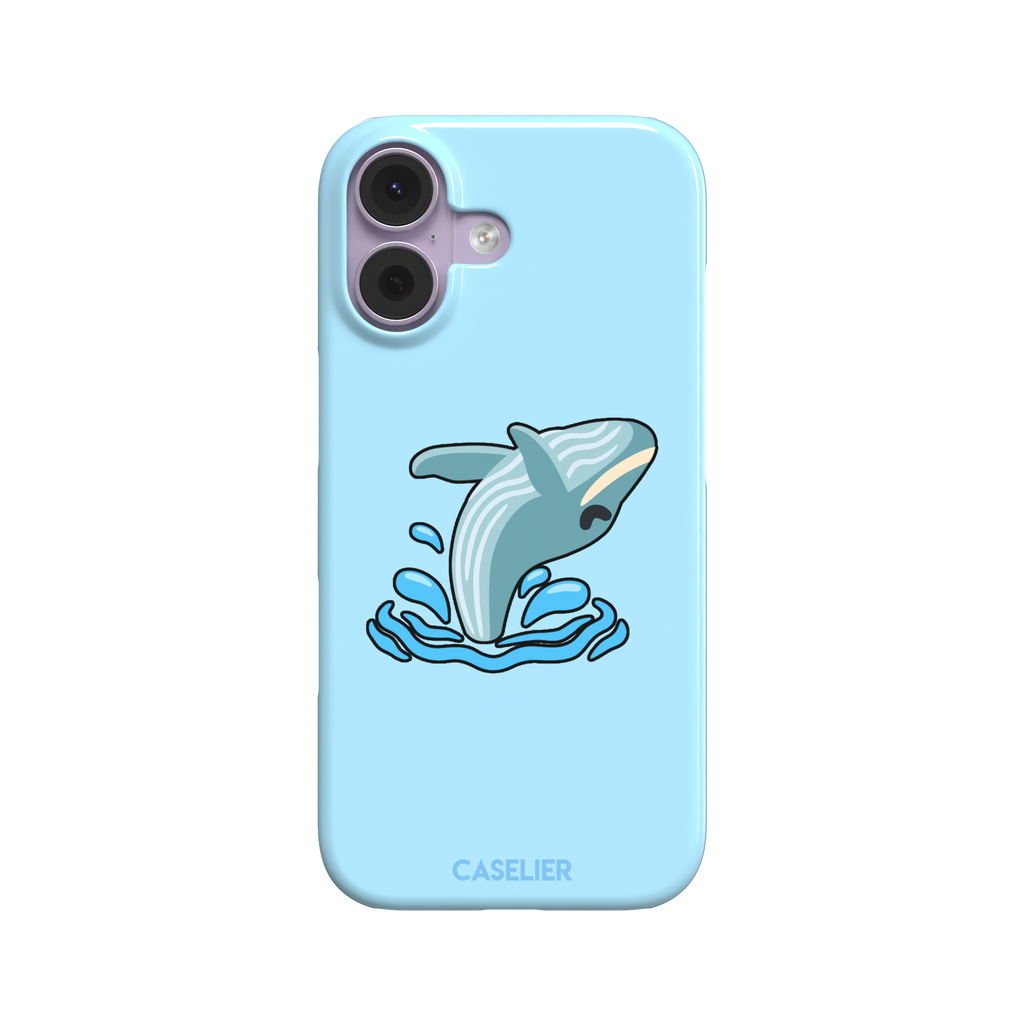 Sky-blue phone case featuring a cute cartoon humpback whale breaching from splashing waves, rendered in teal and cream with bold outlines, phone case by Caselier — snap case, front view