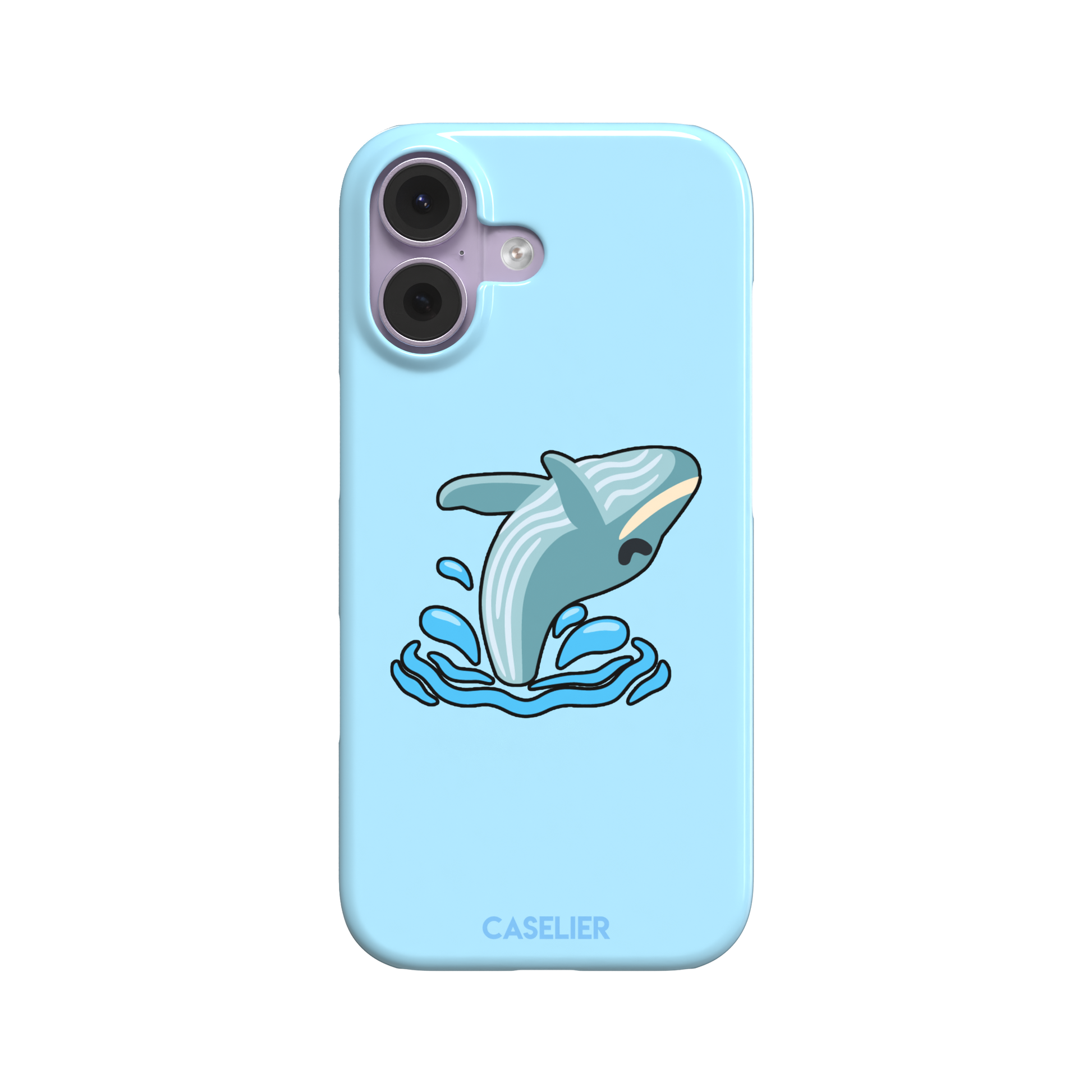 Sky-blue phone case featuring a cute cartoon humpback whale breaching from splashing waves, rendered in teal and cream with bold outlines, phone case by Caselier — snap case, front view