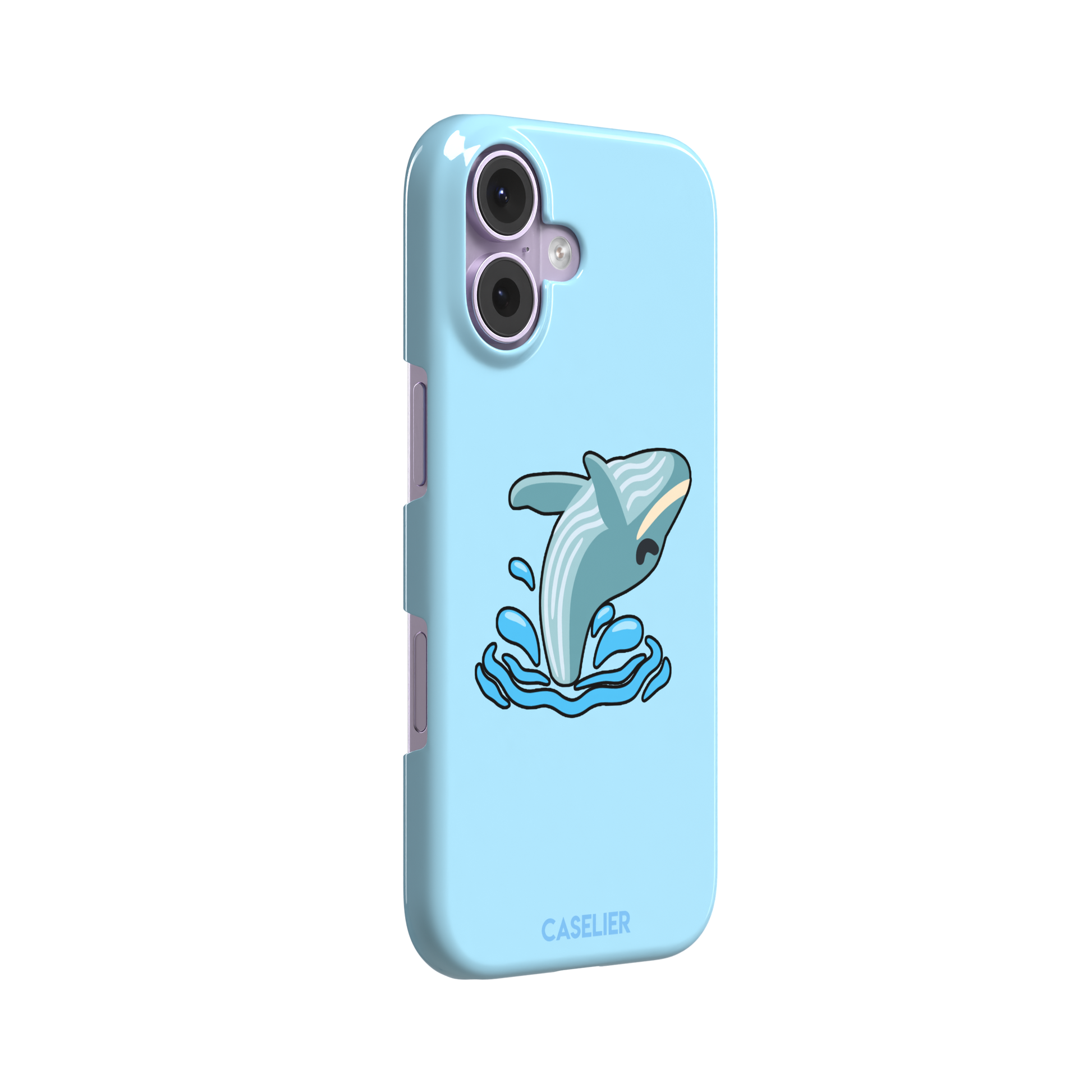 Sky-blue phone case featuring a cute cartoon humpback whale breaching from splashing waves, rendered in teal and cream with bold outlines, phone case by Caselier — snap case, left view