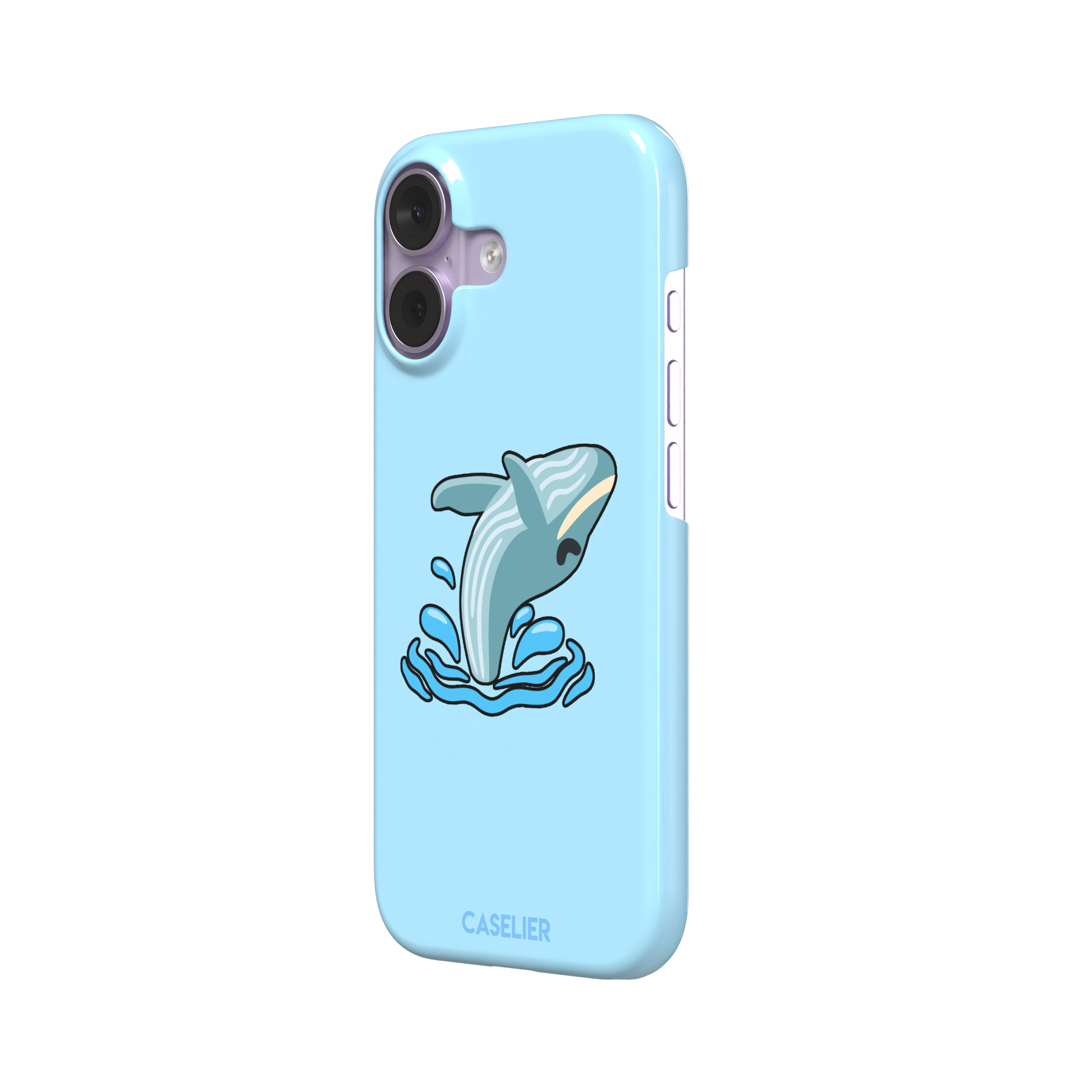 Sky-blue phone case featuring a cute cartoon humpback whale breaching from splashing waves, rendered in teal and cream with bold outlines, phone case by Caselier — snap case, right view