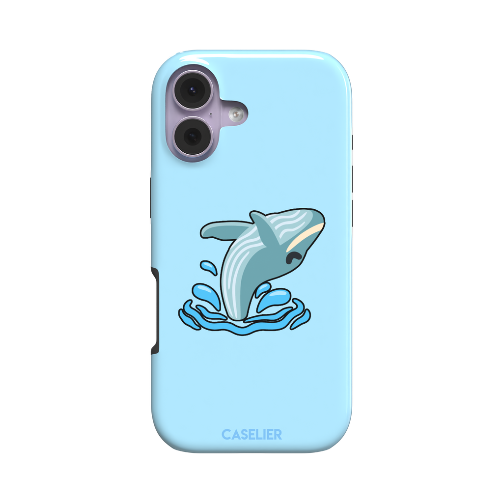 Sky-blue phone case featuring a cute cartoon humpback whale breaching from splashing waves, rendered in teal and cream with bold outlines, phone case by Caselier — tough case, front view