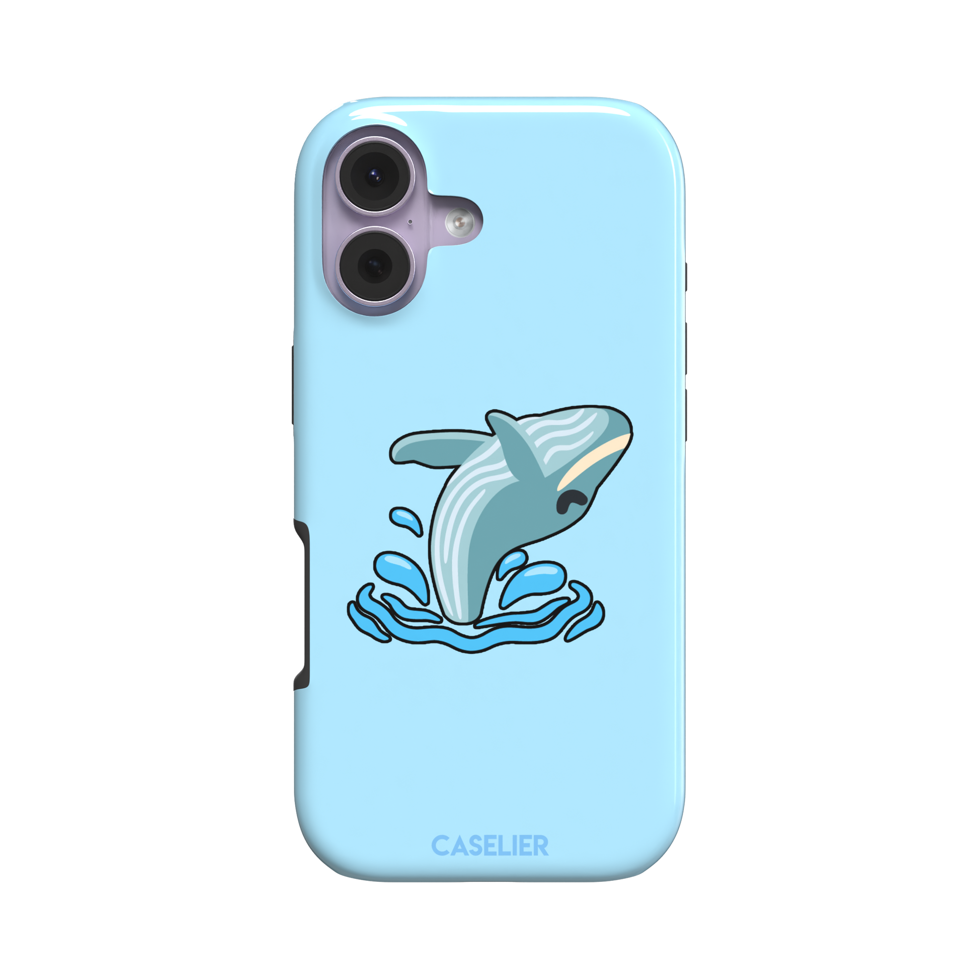 Sky-blue phone case featuring a cute cartoon humpback whale breaching from splashing waves, rendered in teal and cream with bold outlines, phone case by Caselier — tough case, front view