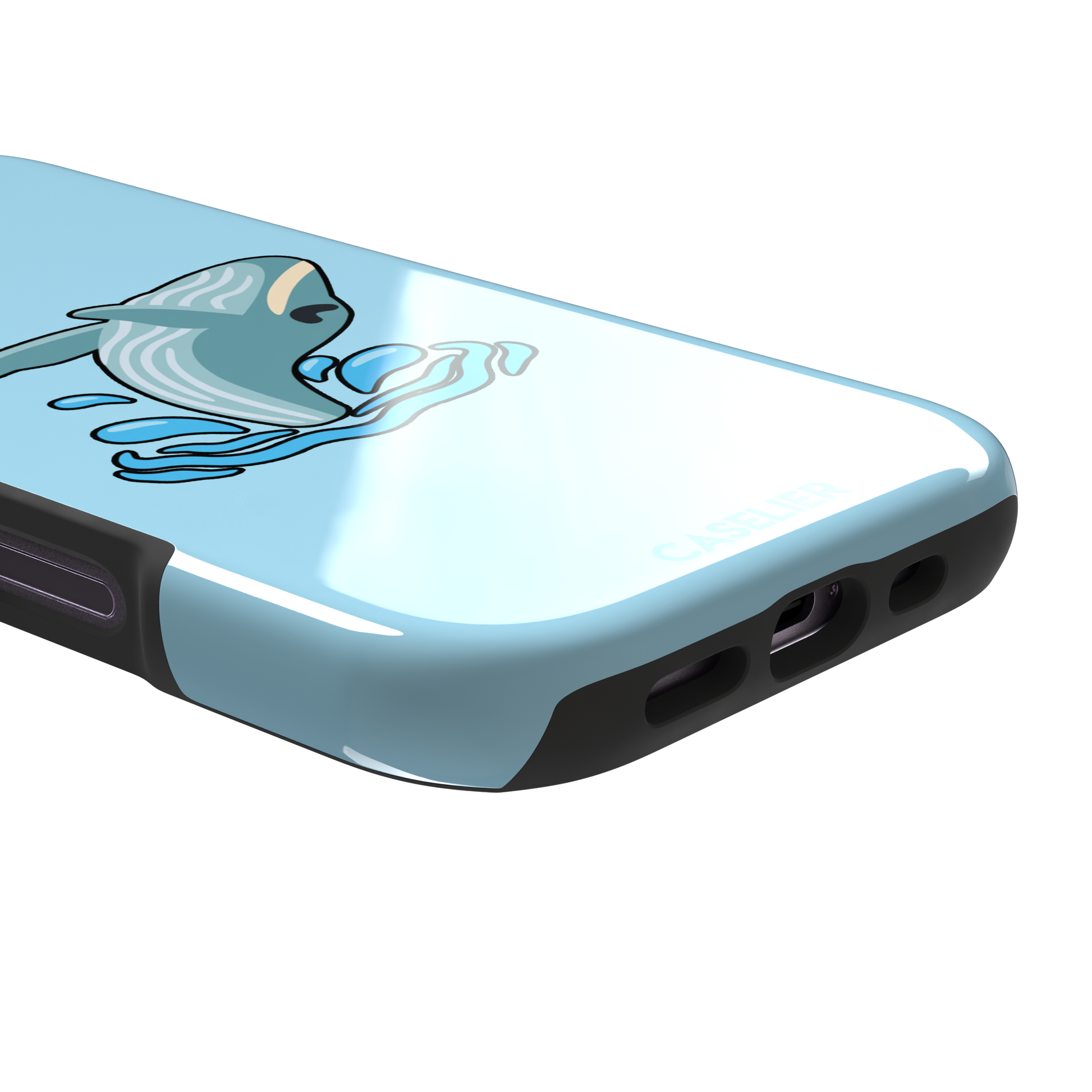 Sky-blue phone case featuring a cute cartoon humpback whale breaching from splashing waves, rendered in teal and cream with bold outlines, phone case by Caselier — tough case, charging port detail