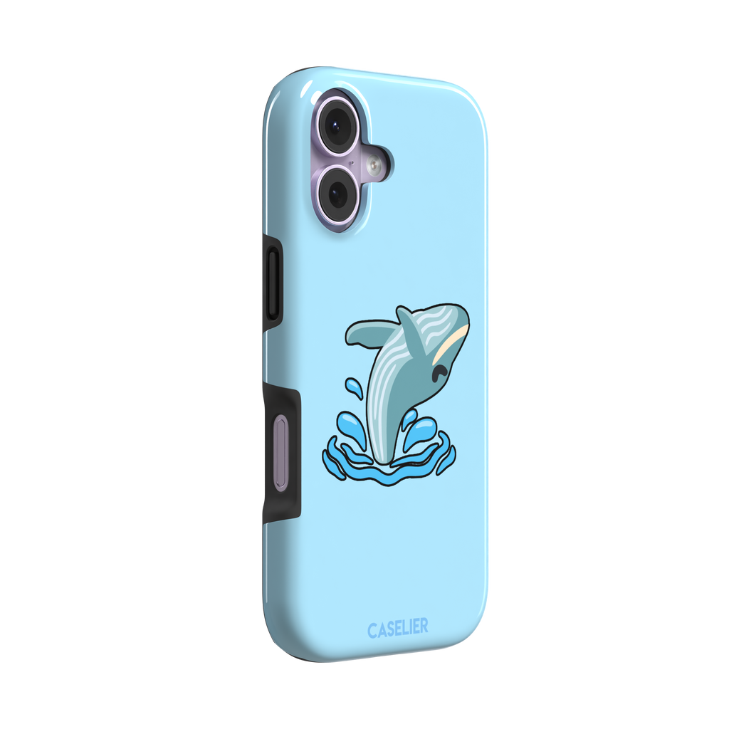 Sky-blue phone case featuring a cute cartoon humpback whale breaching from splashing waves, rendered in teal and cream with bold outlines, phone case by Caselier — tough case, left view