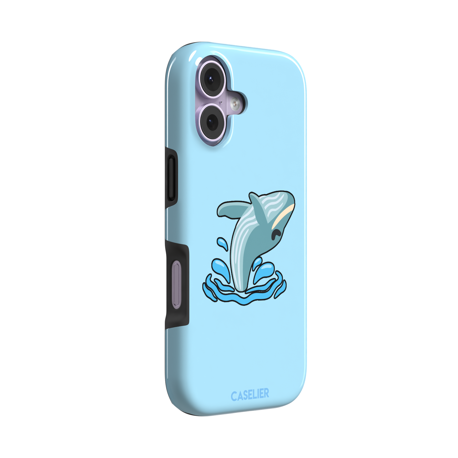Sky-blue phone case featuring a cute cartoon humpback whale breaching from splashing waves, rendered in teal and cream with bold outlines, phone case by Caselier — tough case, left view
