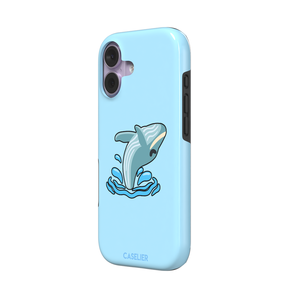 Sky-blue phone case featuring a cute cartoon humpback whale breaching from splashing waves, rendered in teal and cream with bold outlines, phone case by Caselier — tough case, right view