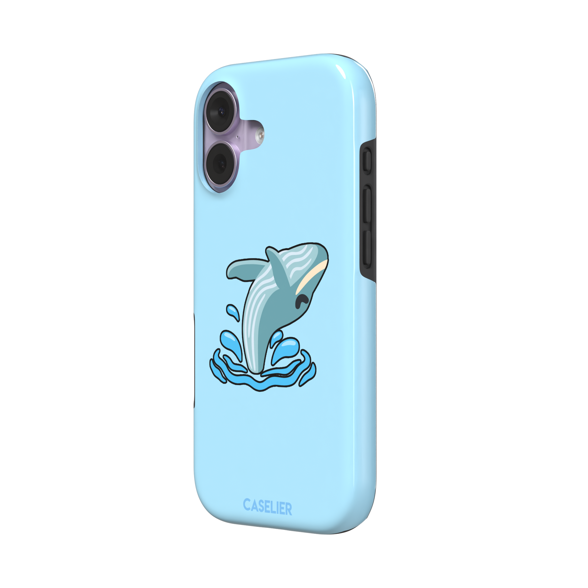 Sky-blue phone case featuring a cute cartoon humpback whale breaching from splashing waves, rendered in teal and cream with bold outlines, phone case by Caselier — tough case, right view