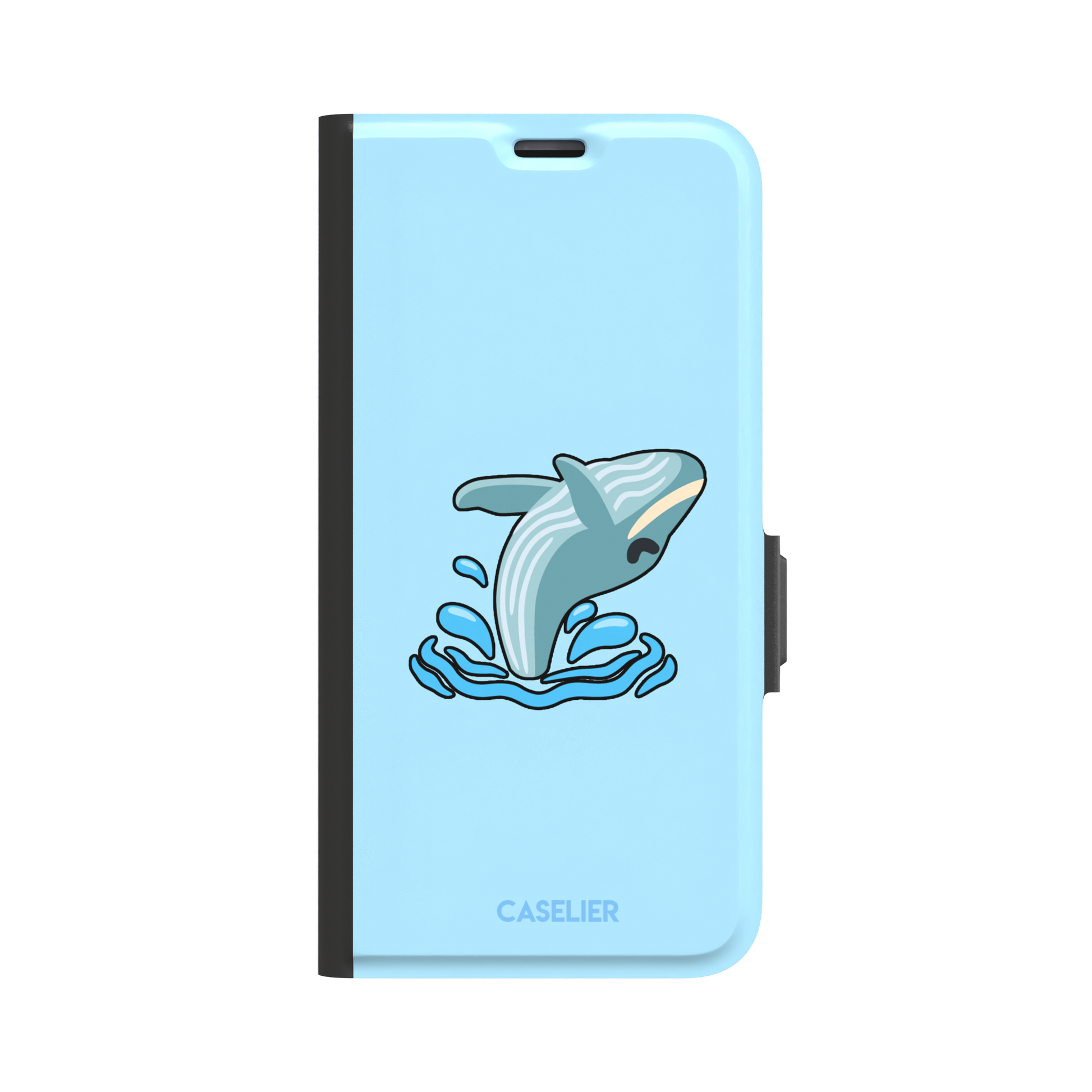 Sky-blue phone case featuring a cute cartoon humpback whale breaching from splashing waves, rendered in teal and cream with bold outlines, phone case by Caselier — wallet case, front view