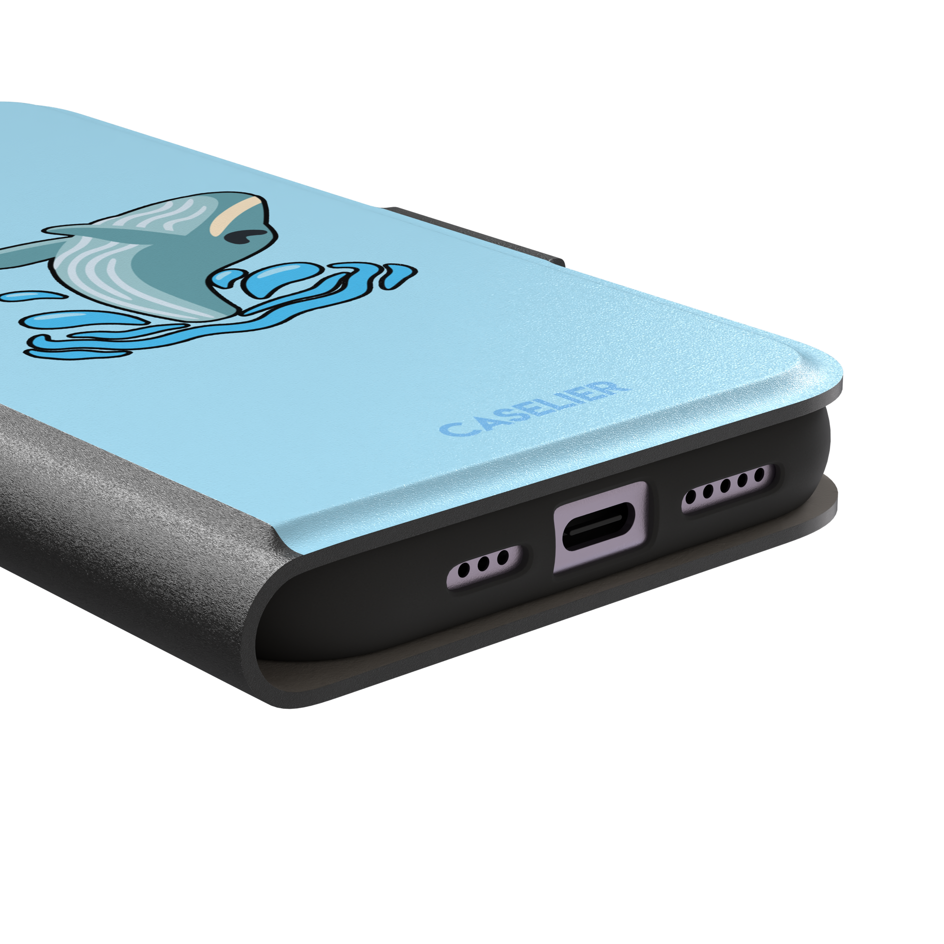 Sky-blue phone case featuring a cute cartoon humpback whale breaching from splashing waves, rendered in teal and cream with bold outlines, phone case by Caselier — wallet case, charging port detail